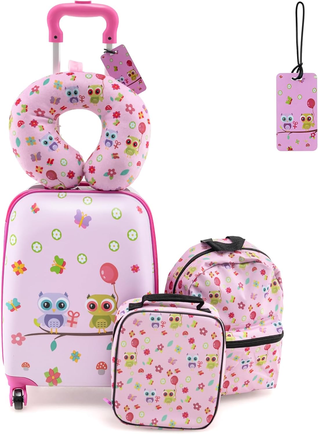 Goplus 5 Piece Kids Luggage Set, 15 Carry on Suitcase w/13 Backpack, Neck Pillow, Lunch Bag, Tag, Hardside Spinner Toddler Luggage, Travel Rolling Suitcase for Boys Girls Gifts (Pink, Owl)