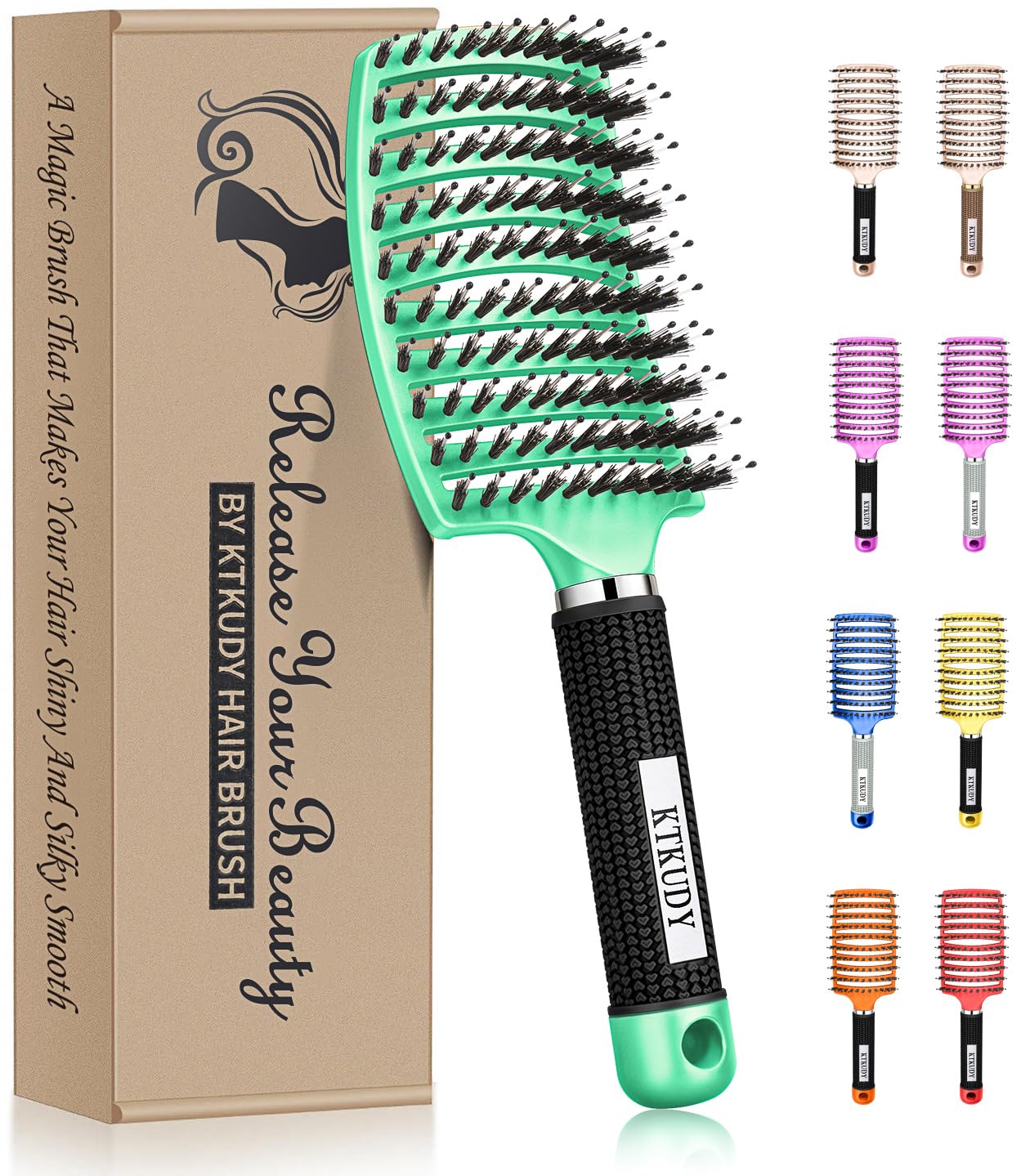 KTKUDY Detangling Brush Boar Bristles Hair Brush Make Hair Shiny & Healthier Curved and Vented Detangler Brush for Women Men Kids Wet & Dry Hair (Light green)