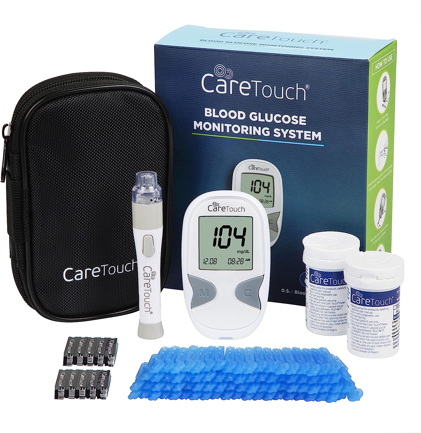 Care Touch Blood Glucose Meter Kit - Diabetes Testing Kit with Glucometer, Test Strips, Lancing Device, Lancets & Travel Case