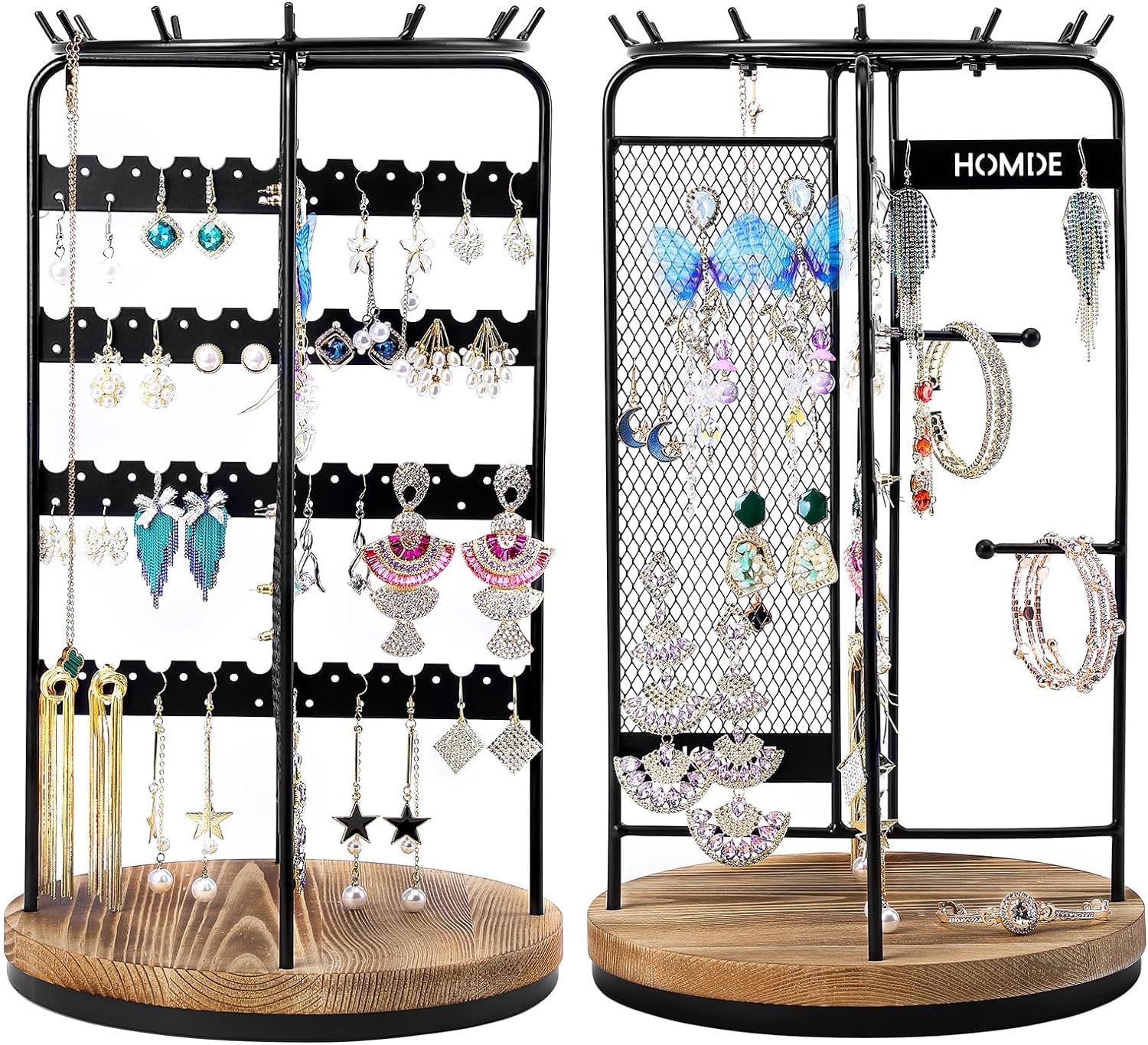 Homde 360 Rotating Jewelry Stand | Hold up to 48 Pairs of Earrings and 34 Necklaces | Jewelry Tower Tree Earring Necklace Bracelet Display Organizer with Solid Wood Base (Brown + Black)
