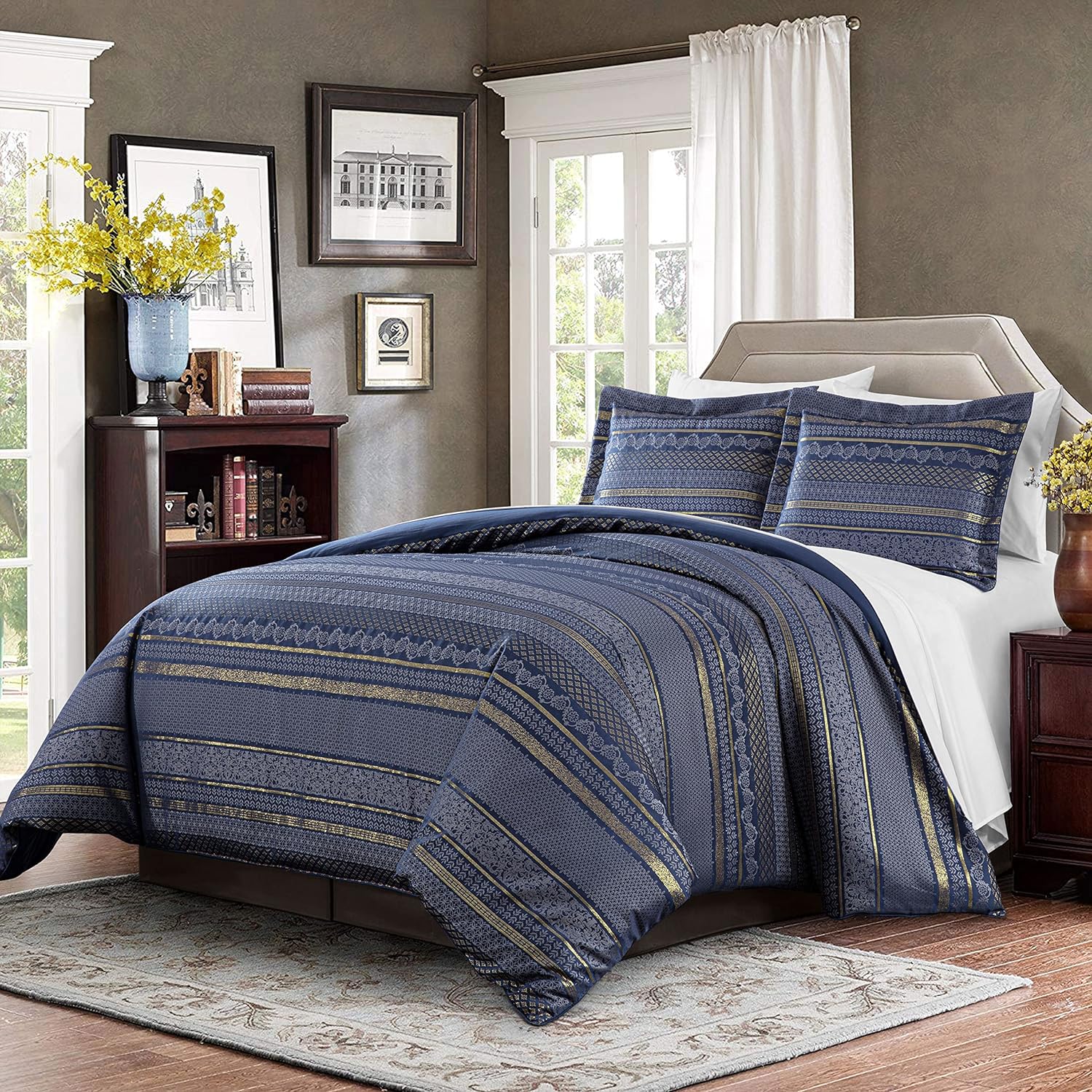 Chezmoi Collection Caesar 7-Piece California King Jacquard Bed in a Bag Comforter Set - Blue Gold Floral Geometric Damask Woven Bedding Set with Comforter and Sheets