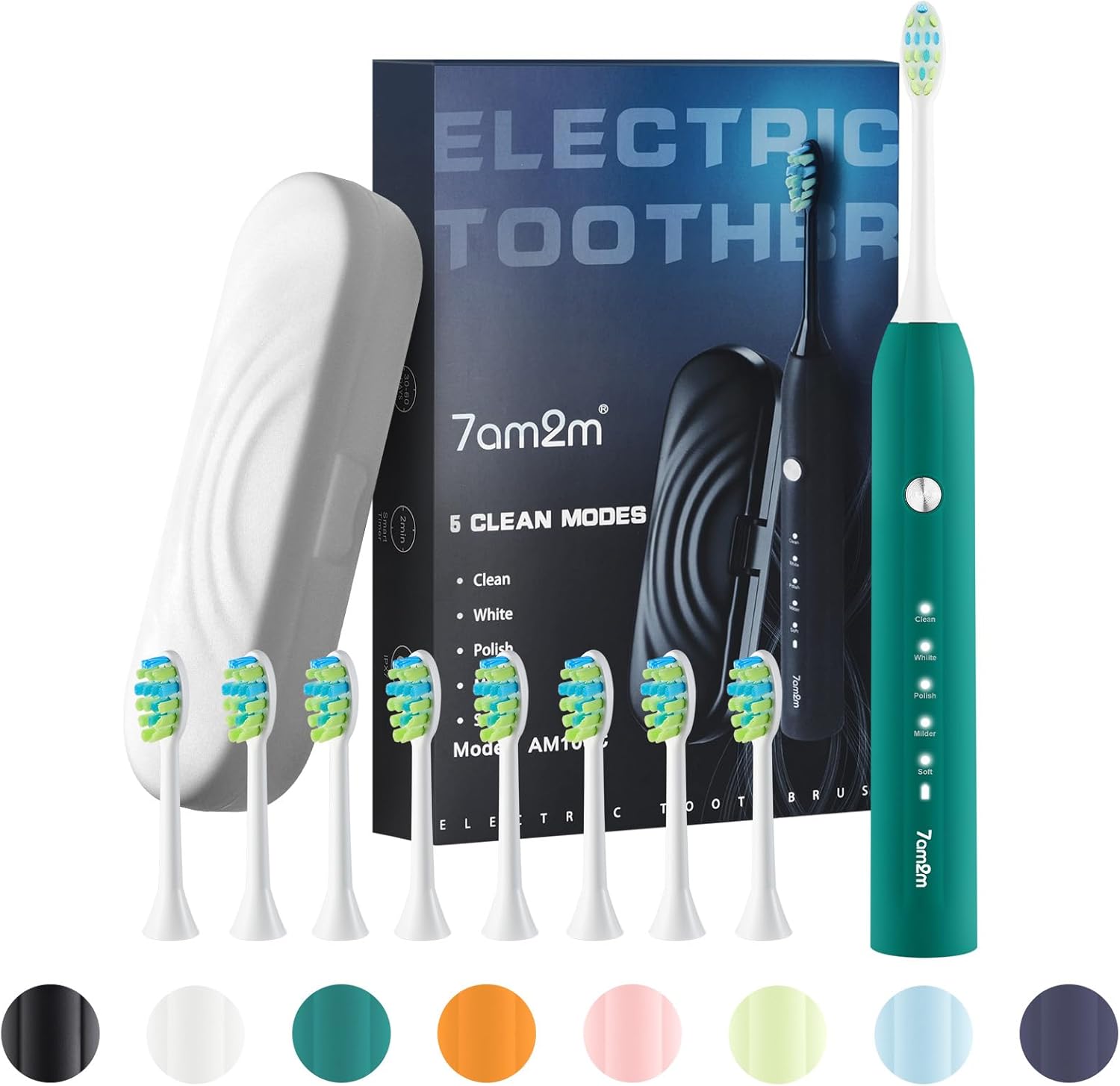 7AM2M Sonic Electric Toothbrush for Adults and Kids, with 8 Brush Heads and Travel Case,5 Modes with 2 Minutes Build in Smart Timer, One Charge Use for 90 Days,Rechargeable Toothbrushes(Peacock Green)