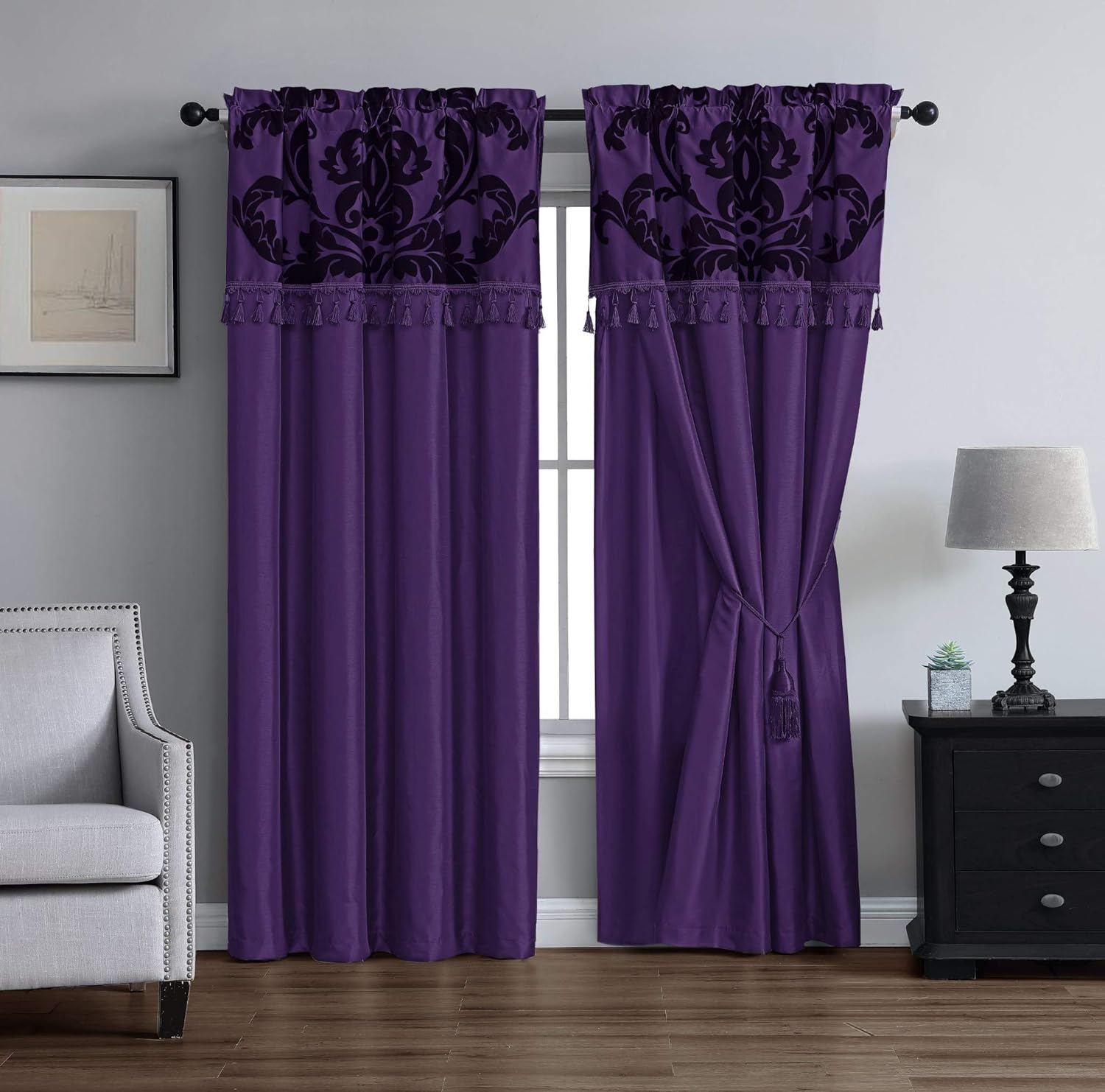 Chezmoi Collection Royale 4-Piece Jacquard Floral Window Curtain/Drape Set with Sheer Backing Valance Tassels, Purple/Dark Purple