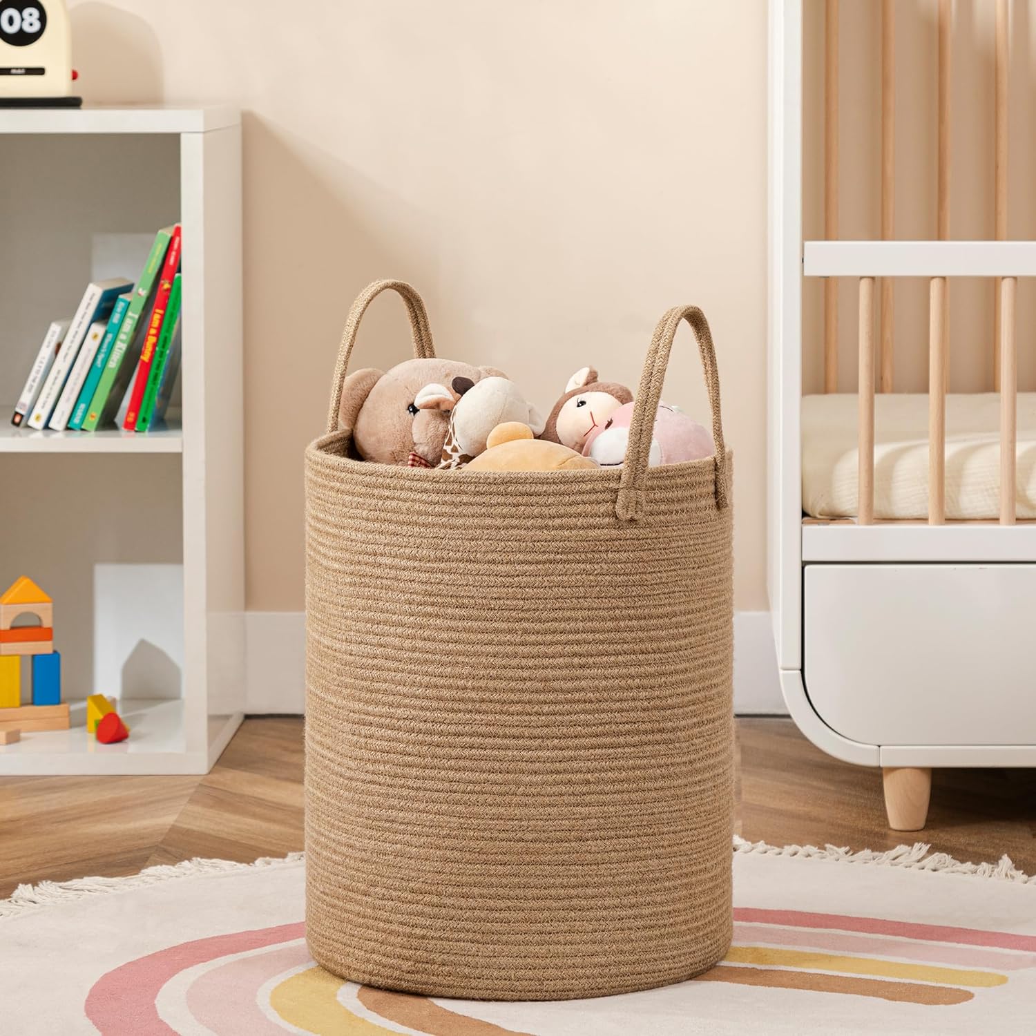 I initially ordered one of these to hold toys for my little daycare kiddos. Once it arrived and I realized the size and quality, I immediately ordered another for all of our blankets. These baskets are perfectly tall! The construction is beautiful and sturdy, while soft. These give off a completely neutral decor vibe that fits beautifully with farmhouse, boho, modern, or whatever. I could use one in every room of our home. They would even be beautiful laundry baskets, although I would purpose them for storage first, so you can stuff them full to reshape them after packaging.Highly recommend!