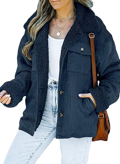 Dokotoo Corduroy Sherpa Jacket for Women Button Down Fleece Fur Collar Winter Warm Coat