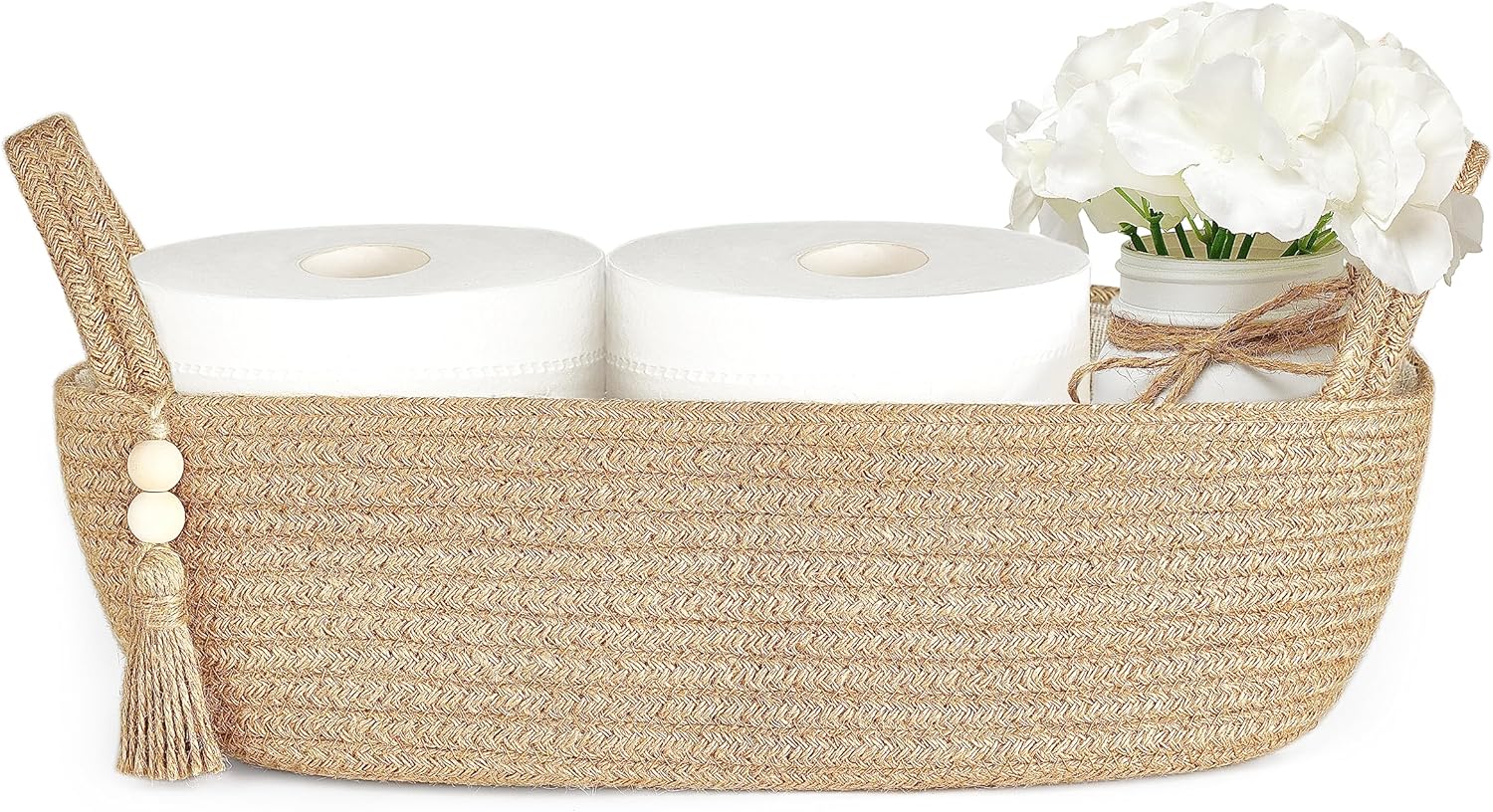 Mkono Small Storage Basket for Toilet Tank Top Boho Bathroom Decor Woven Rope Toilet Paper Tray Back of Toilet Organizer for Shelf Bedroom Living Room, Jute, 1 Pack, 13L x 6W