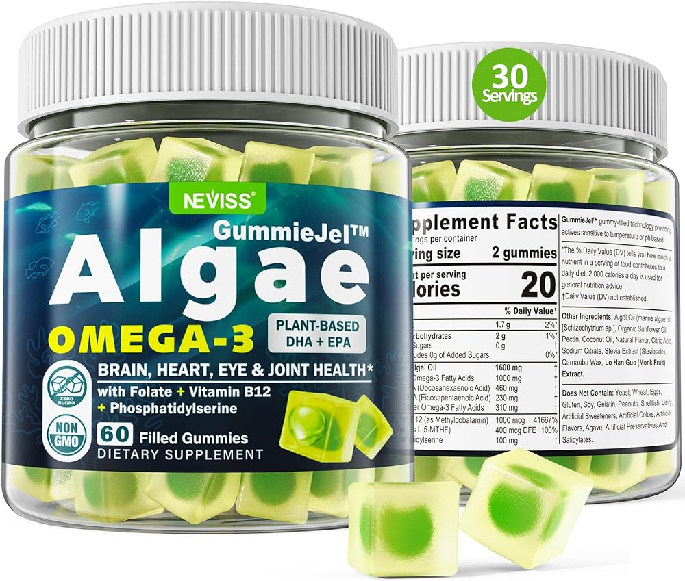 Vegan Omega 3 Gummies 1000mg, Sugar Free Omega 3 Fish Oil Supplements Alternative, from Marine Algae Oil Plus DHA 460mg & EPA 230mg, Vitamin B12, Folate for Brain, Bone, Joint, Eye & Immunity, 60 Cts