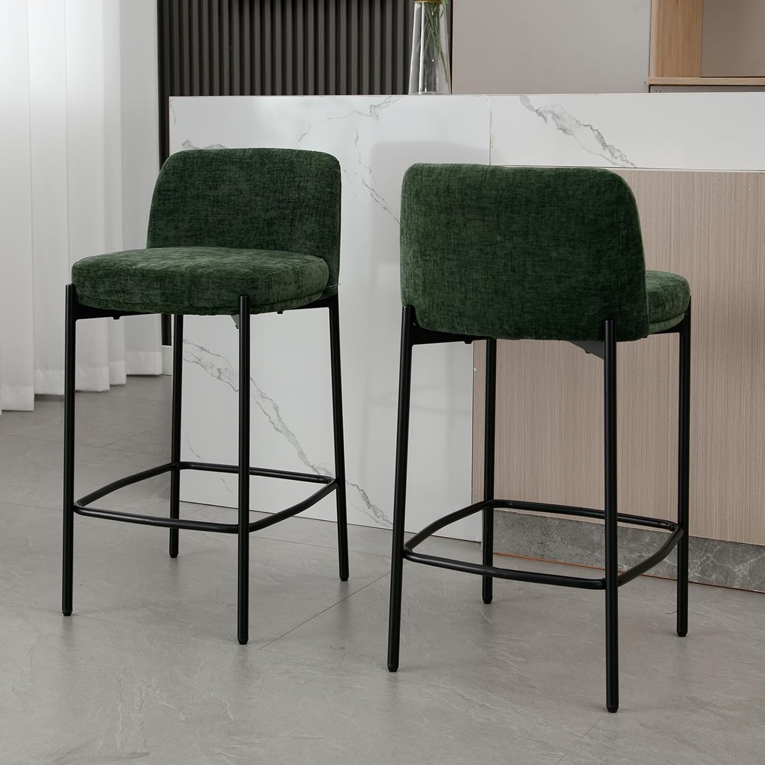 ZSARTS 26'' Bar Stools Set of 2 Modern Upholstered Counter Height Barstoold with Metal Leg & Back Breakfast Barstools Kitchen Island Armless Chairs for Kitchen/Home Bar/Restaurant, Green Chenille