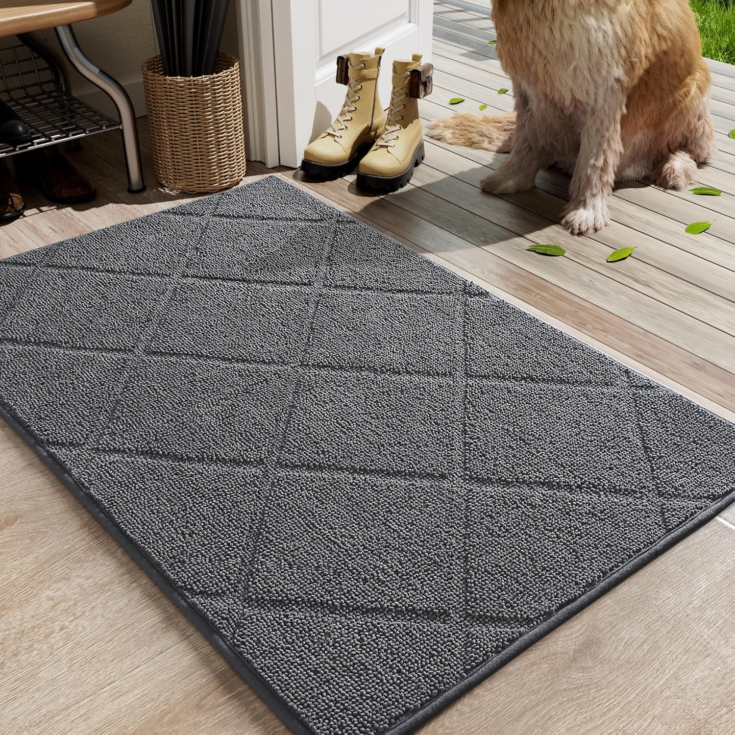 LOCHAS Grey Indoor Door Mat 20x32 Inch, Rubber Backing, Washable Absorbent Chenille Doormat, Low-Profile, Non Slip Microfiber Entrance Mat, Quick Dry Resist Dirt Front Welcome Mats for Entryway Home