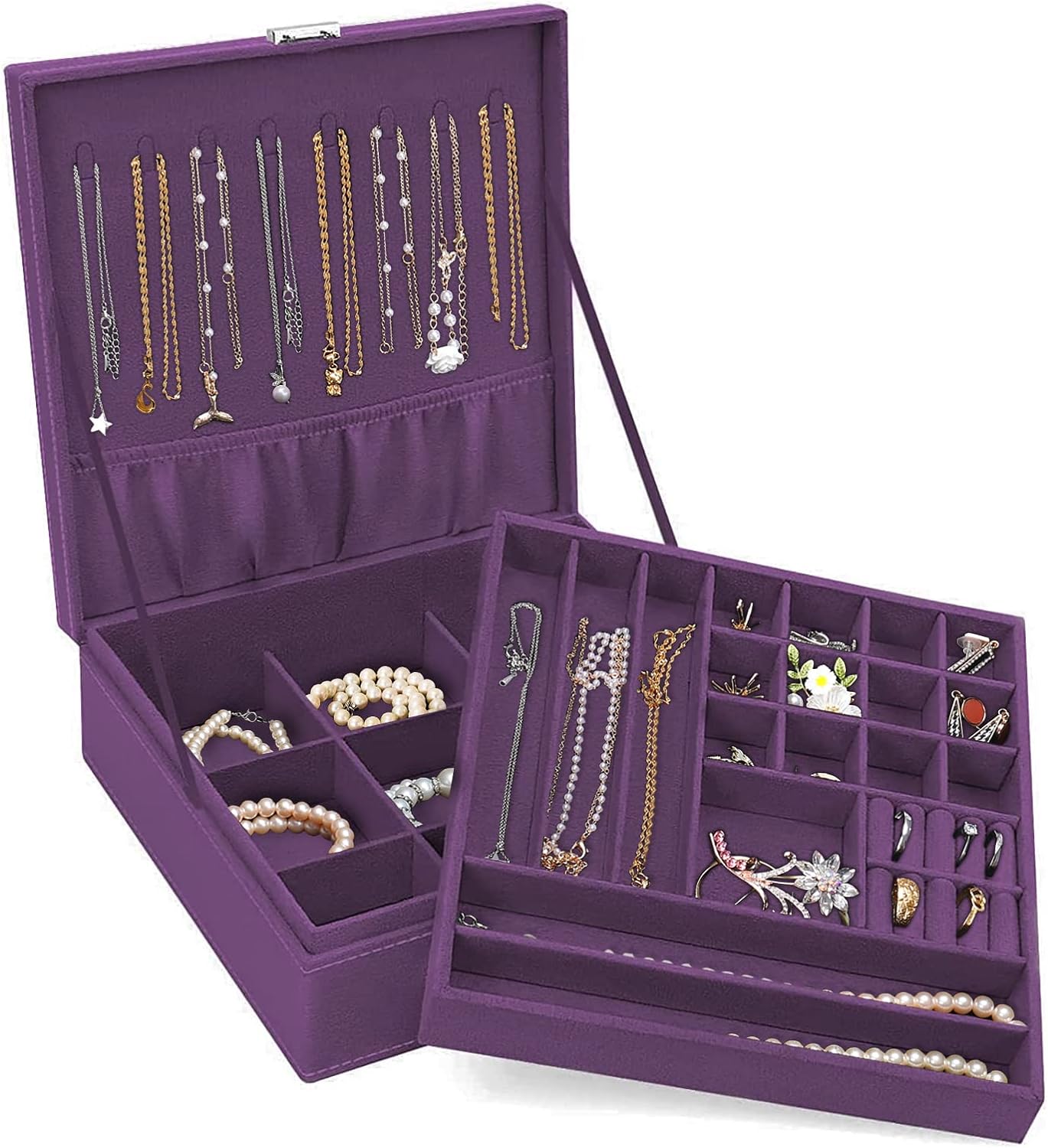 MOSISO Jewelry Box, Jewelry Storage Case Organizer Stackable Double Layer Lockable Display for Women Velvet Necklace Earring Bracelet Ring Watch Brooch Holder, Grape Purple