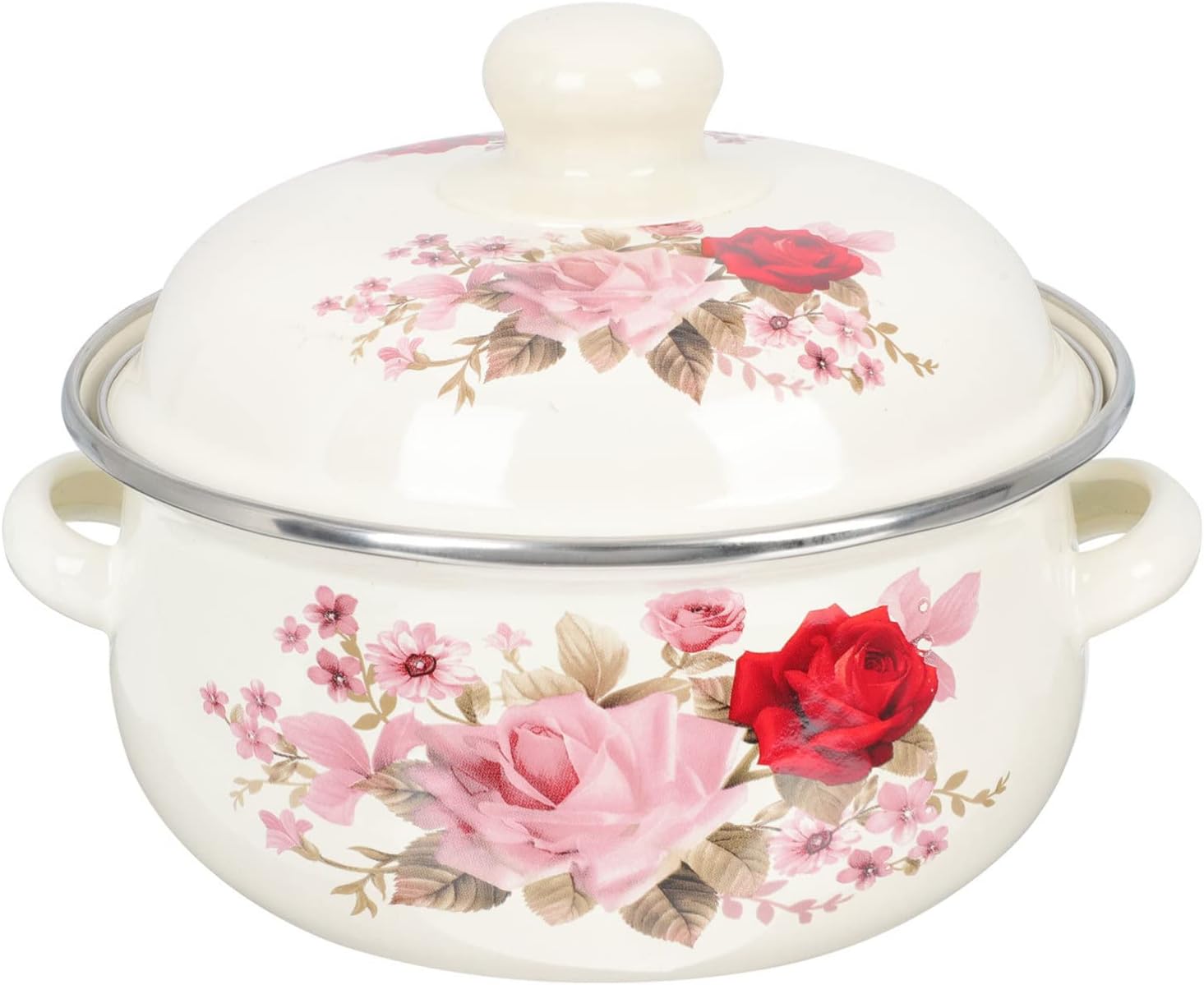 1L Flower Enamel Stock Pot with Lid Large Cooking Pot Flat Bottom Stew Pot for Soup, Stew, Canning