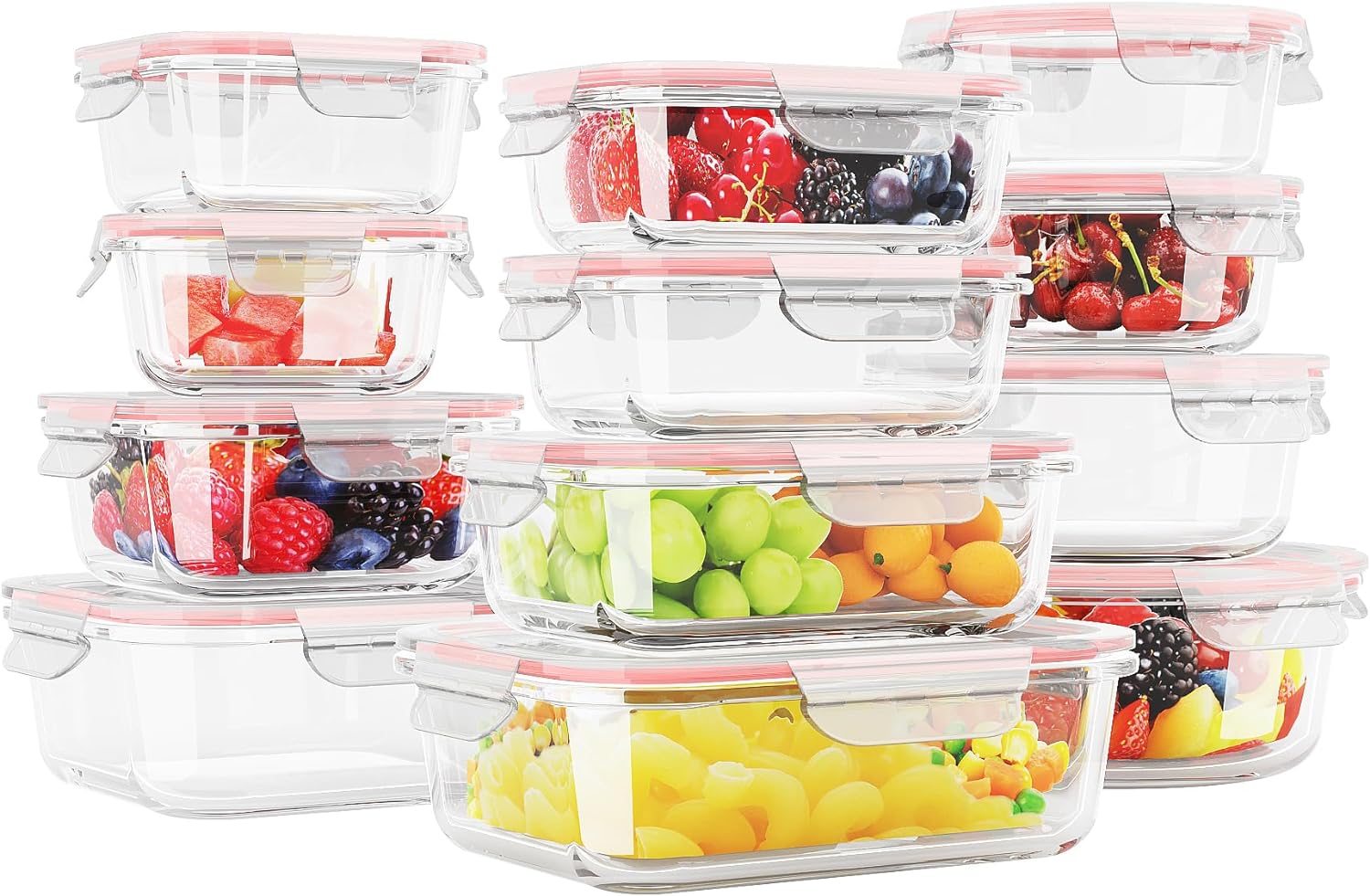 12 Sets Glass Food Storage Containers with Lids, Glass Meal Prep Containers, Airtight Glass Bento Boxes, BPA Free & Leak Proof, Pantry Kitchen Storage(12 lids & 12 Containers) - Pink