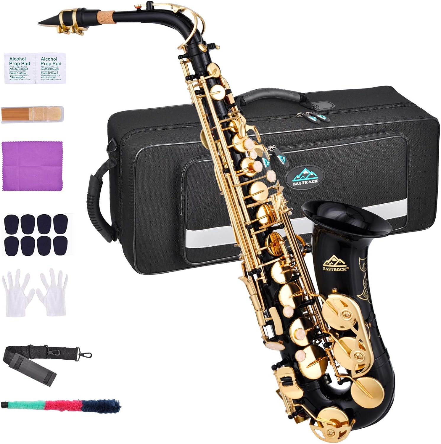 EASTROCK E Flat Saxophone Kit, Black/Golden, Saxophone for Students Beginner with Carrying Case, Mouthpiece, Cleaning Cloth & Rod, White Gloves, Neck Strap