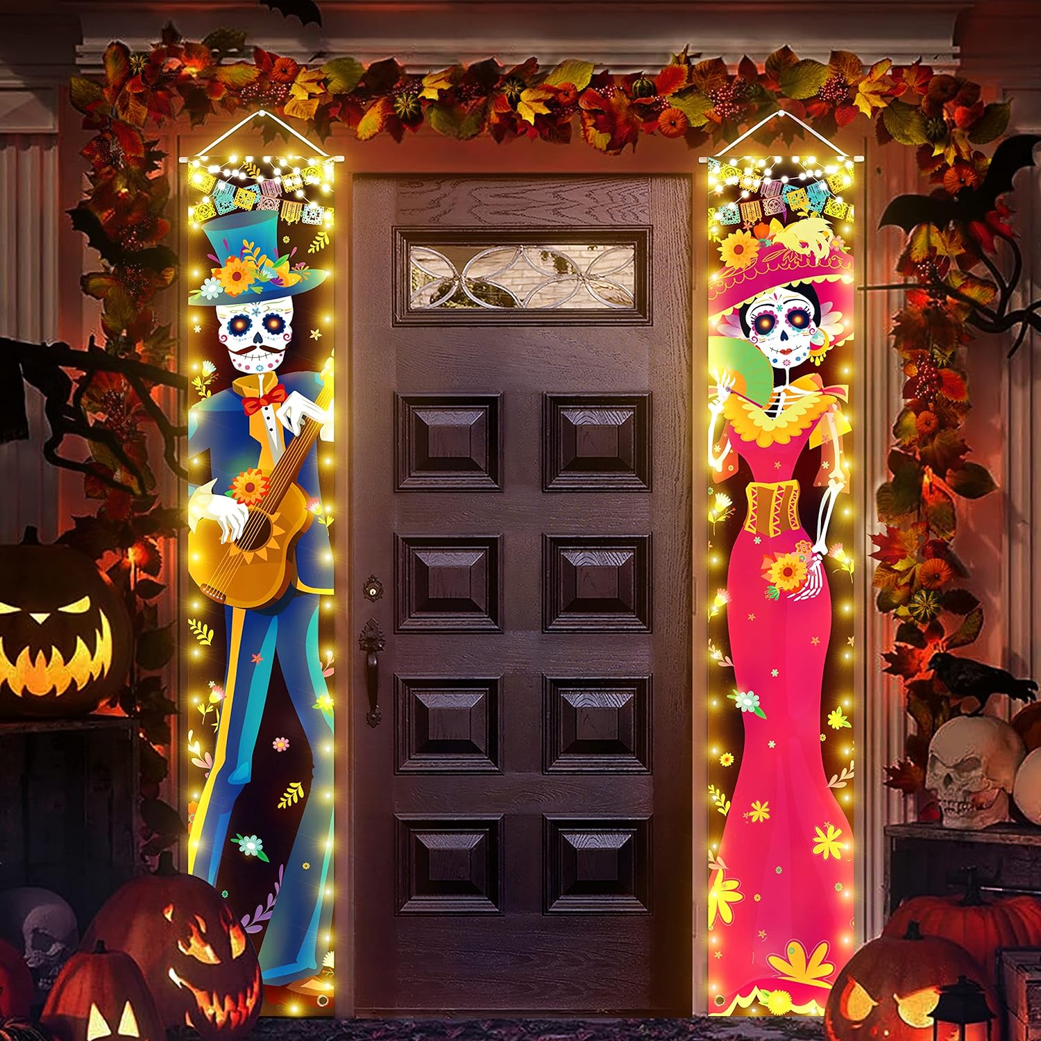 Halloween Decorations Indoor Dia De Los Muertos/Day of The Dead Decorations Lighted Porch Signs Banners Outdoor Wall Door Decor (Not Batteries Included)