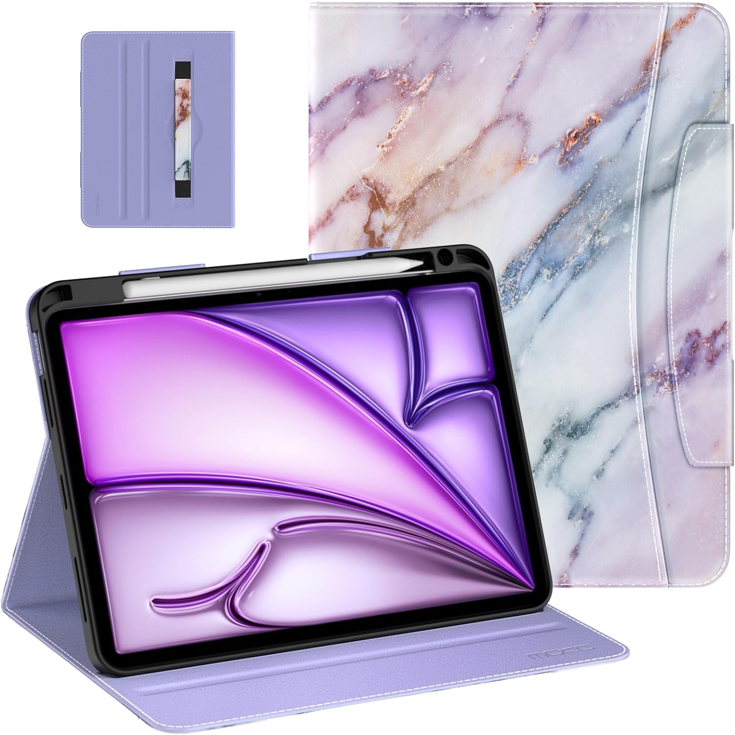 MoKo Case for iPad Air 11 Inch M2 2024/ iPad Air 5th/4th Gen 2022/2020 & iPad Pro 11 Inch 2022/2021/2020/2018 with Pencil Holder, Premium Leather Folio Stand Cover, Purple Marble