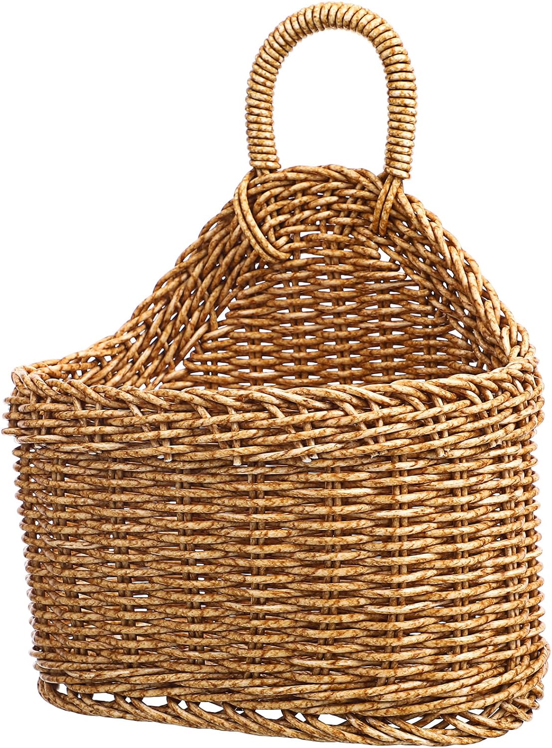 Woven Hanging Basket Wall Storage: Farmhouse Rattan Flower Bin Kitchen Onion Organizer Rustic Handle Basket Container for Ginger Garlic