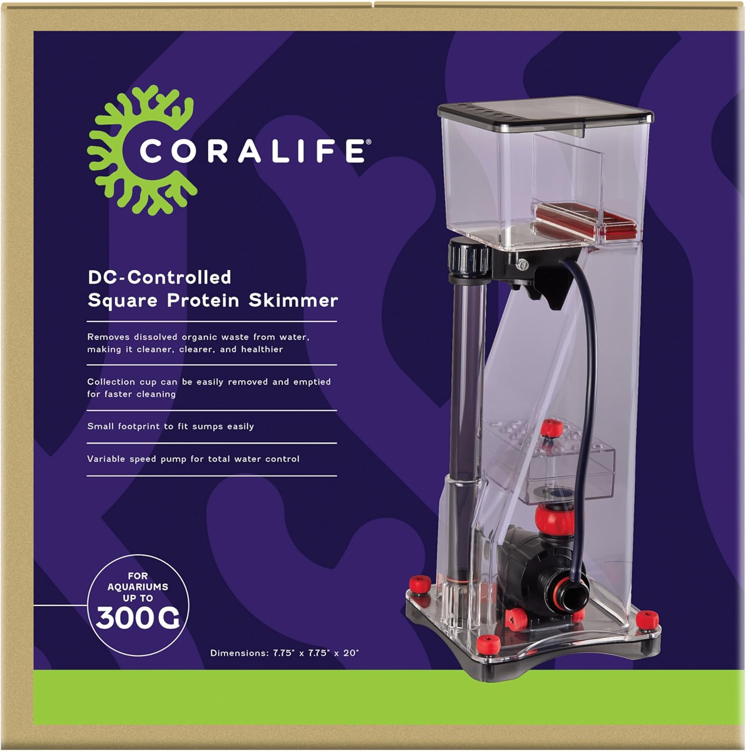 Coralife Aquarium Fish Tank Marine Salt Water DC-Controlled Variable Speed Square Protein Skimmer, Up To 300 Gallons