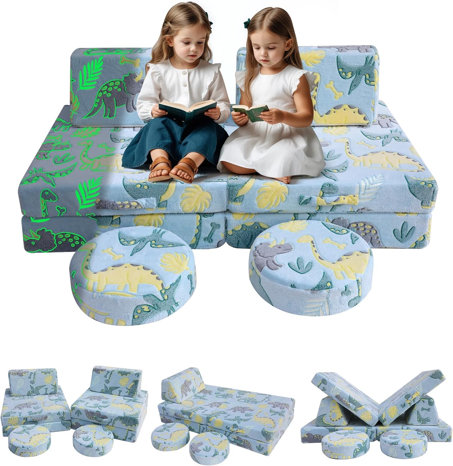 MeMoreCool Kids Couch Glow Sofa Modular Toddler Couch for Playroom, 8-Piece Fold Out Baby Couch Play Set, Children Convertible Sofa Foam Couch