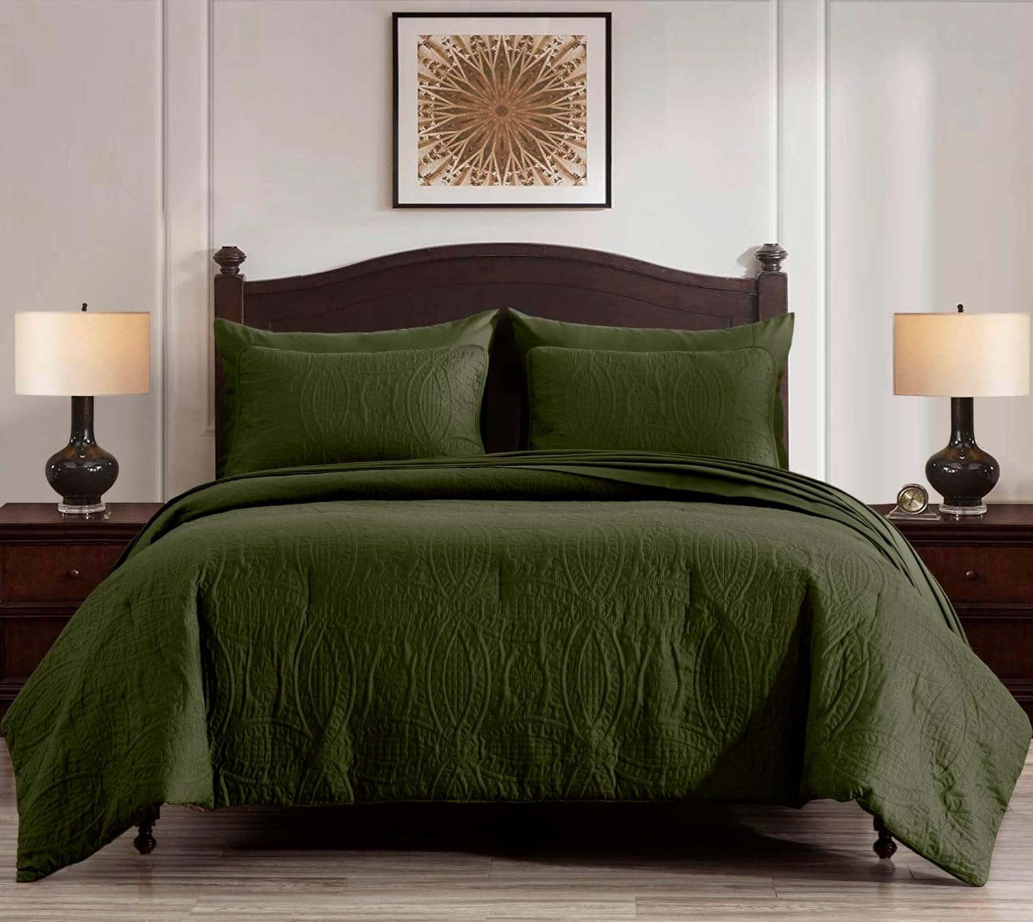 Chezmoi Collection Liam Cypress Green King Size Comforter Set - 7 Pieces Coin Pattern Bed in a Bag with Comforter, Bed Sheets, Pillowcases, & Shams Bedding Set