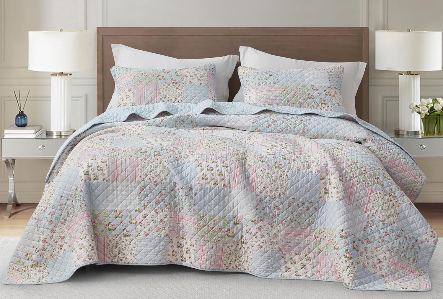 Chezmoi Collection Holly 2-Piece Printed Patchwork Cotton Quilt Set - Flower Floral Candy Stripe Polka Dots - Stone Washed Lightweight Bedspread, Twin Size