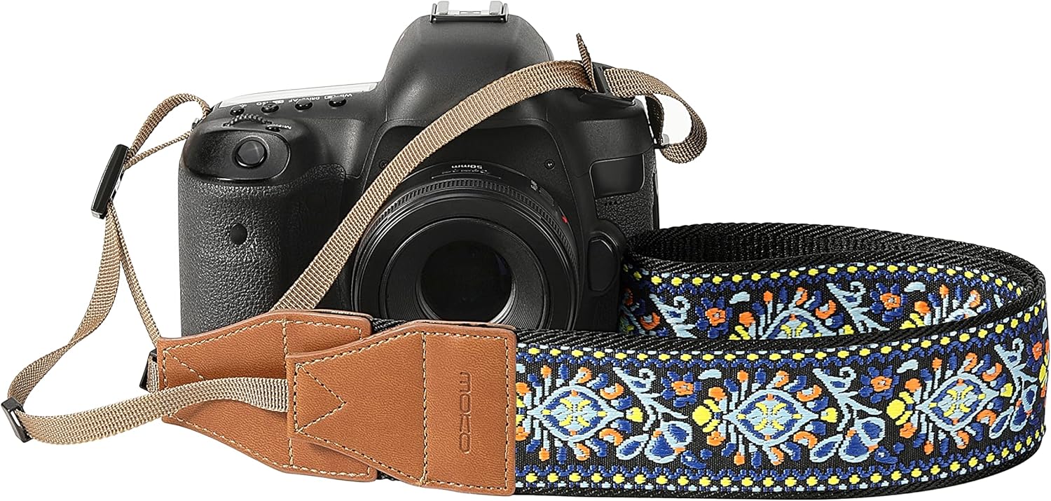 MoKo Camera Strap, Woven Vintage Camera Strap for DSLR Cameras, Adjustable Embroidered Neck & Shoulder Strap for Video Camcorder, Binoculars, and Nikon/Canon/Sony/Minolta Digital Cameras, Vintage Blue