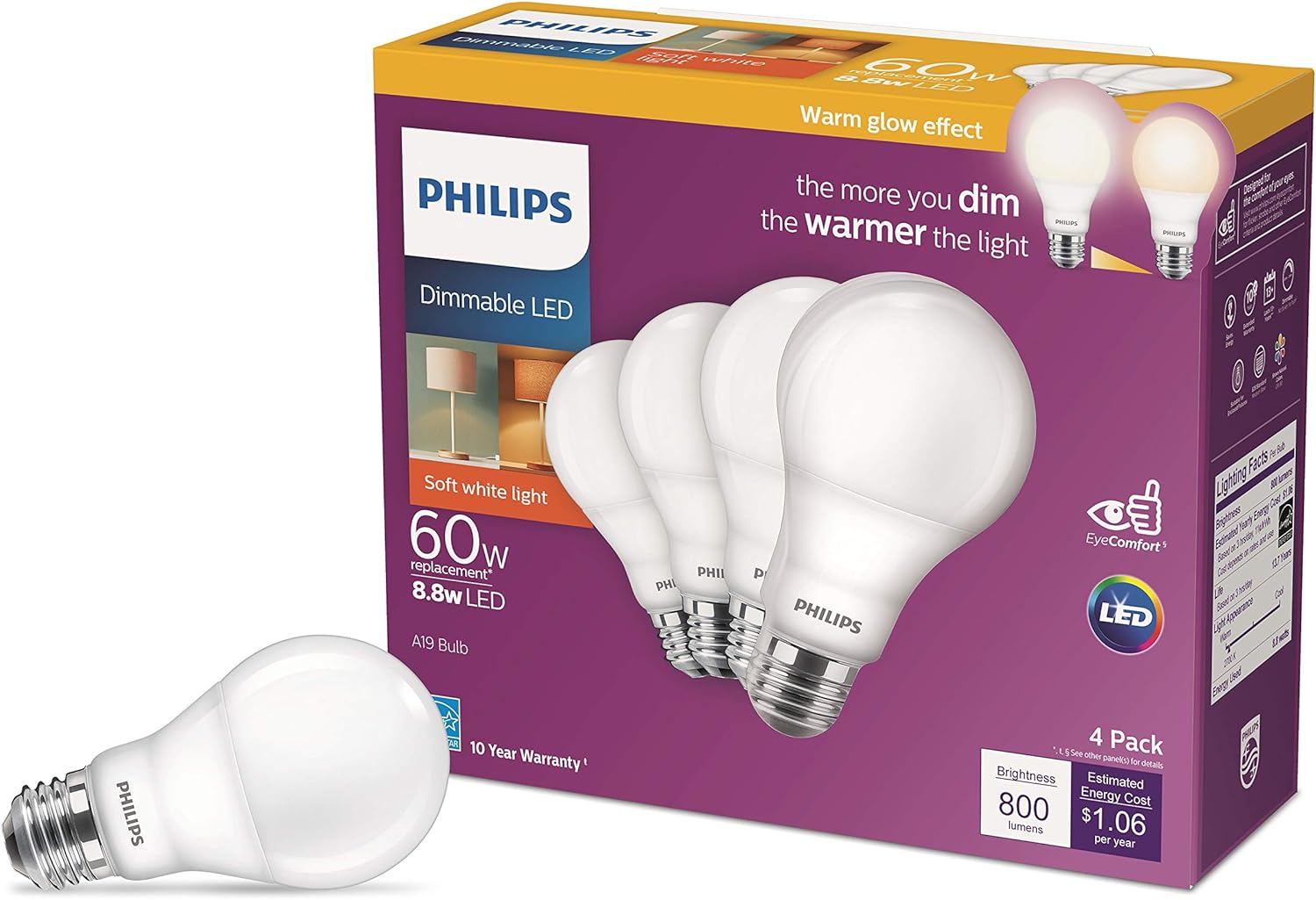 PHILIPS LED Flicker-Free Frosted Dimmable A19 Light Bulb - EyeComfort Technology - 800 Lumen - Soft White (2700K)  8.8W=60W - E26 Base - Ultra Definition Old Version - Indoor - 4-Pack