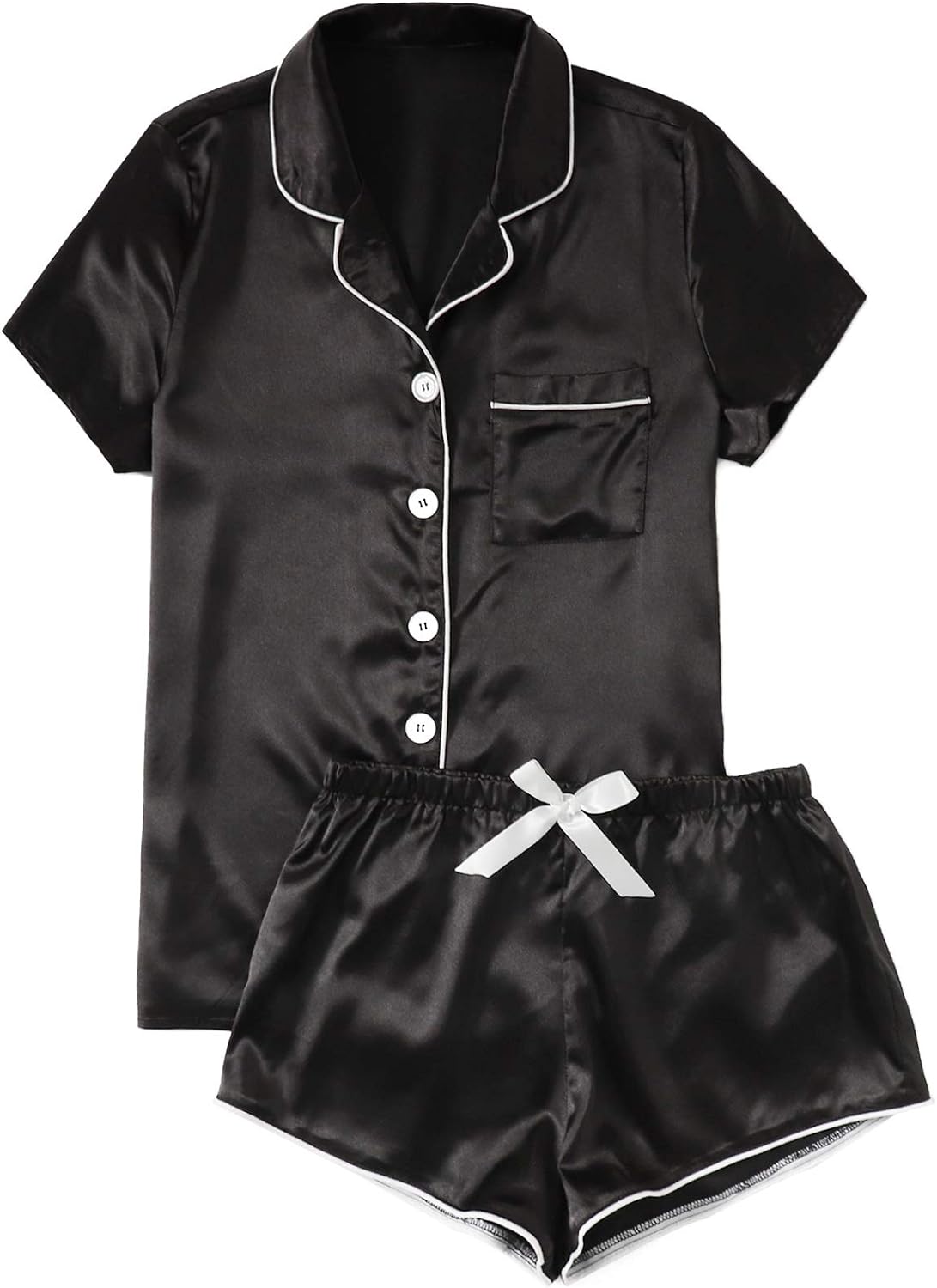 WDIRARA Women' Sleepwear Satin Short Sleeve Button Shirt and Shorts Pajama Set