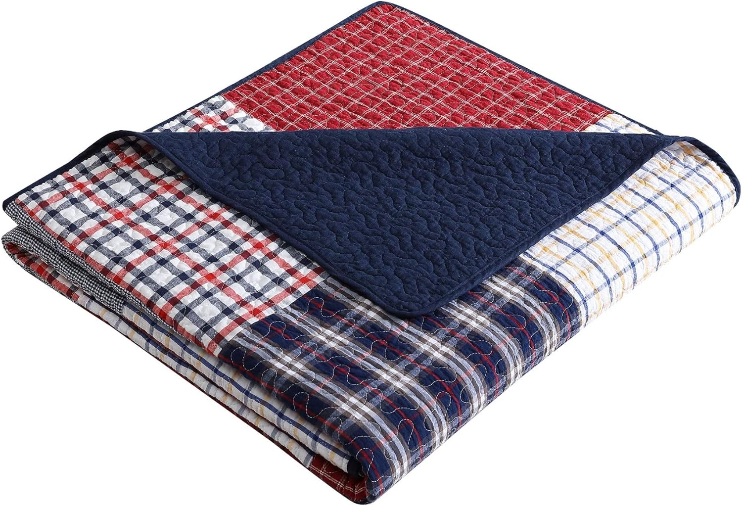 Chezmoi Collection Grizzly 1-Piece Plaid Checkered Patchwork Quilted 100% Washed Cotton Reversible Throw Blanket