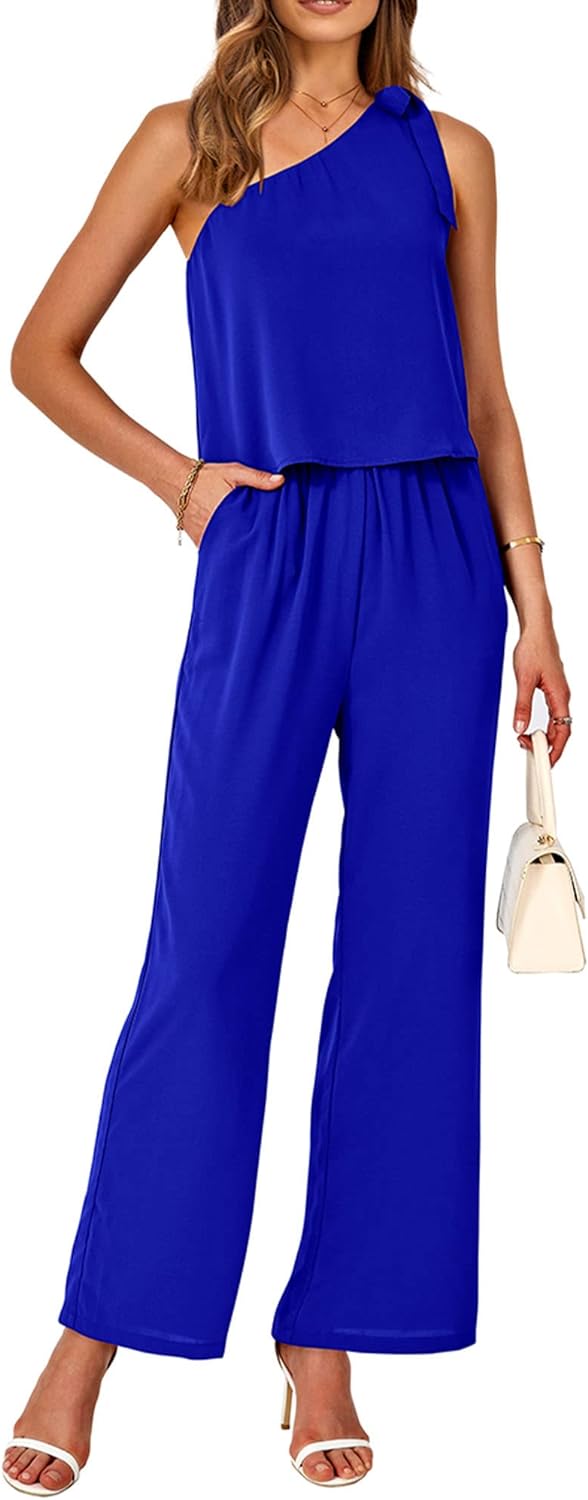 BTFBM Women' Summer Jumpsuits 2023 One Shoulder Tie Strap Solid Loose Long Pant Romper One Piece Casual Outfit Pockets