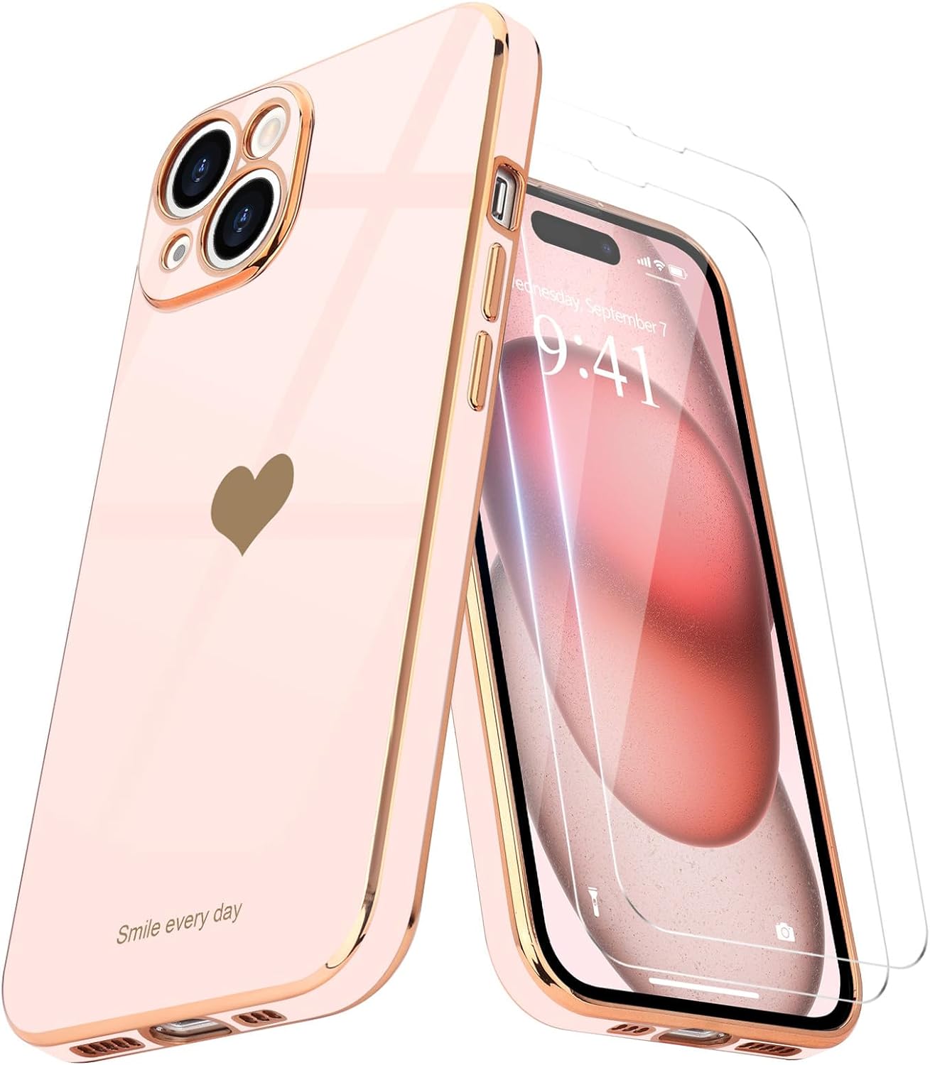 Teageo for iPhone 15 Case with Screen Protector [2 Pack] for Girl Women Cute Girly Love-Heart Luxury Gold Soft Cover Camera Protection Bumper Silicone Shockproof Phone Case for iPhone 15, Light Pink