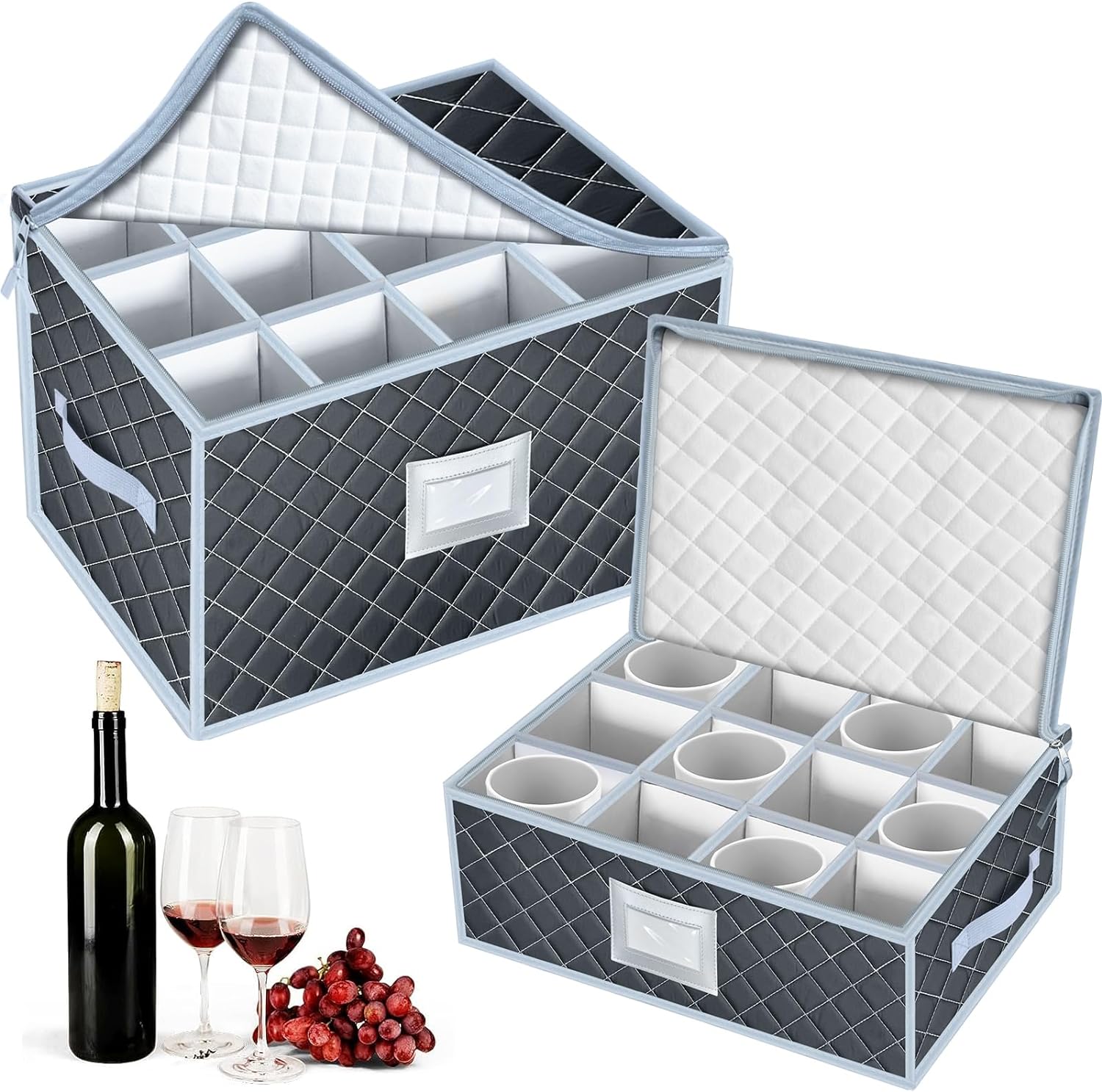 Wine Glass and Mug Storage Box with Dividers - 2 Pack China Storage Containers Set Holds 24 Glassware , StemwareCoffee Mug and Tea Cup, Organizer Bin with Sturdy Metal Zipper,Label and Handles (Grey)