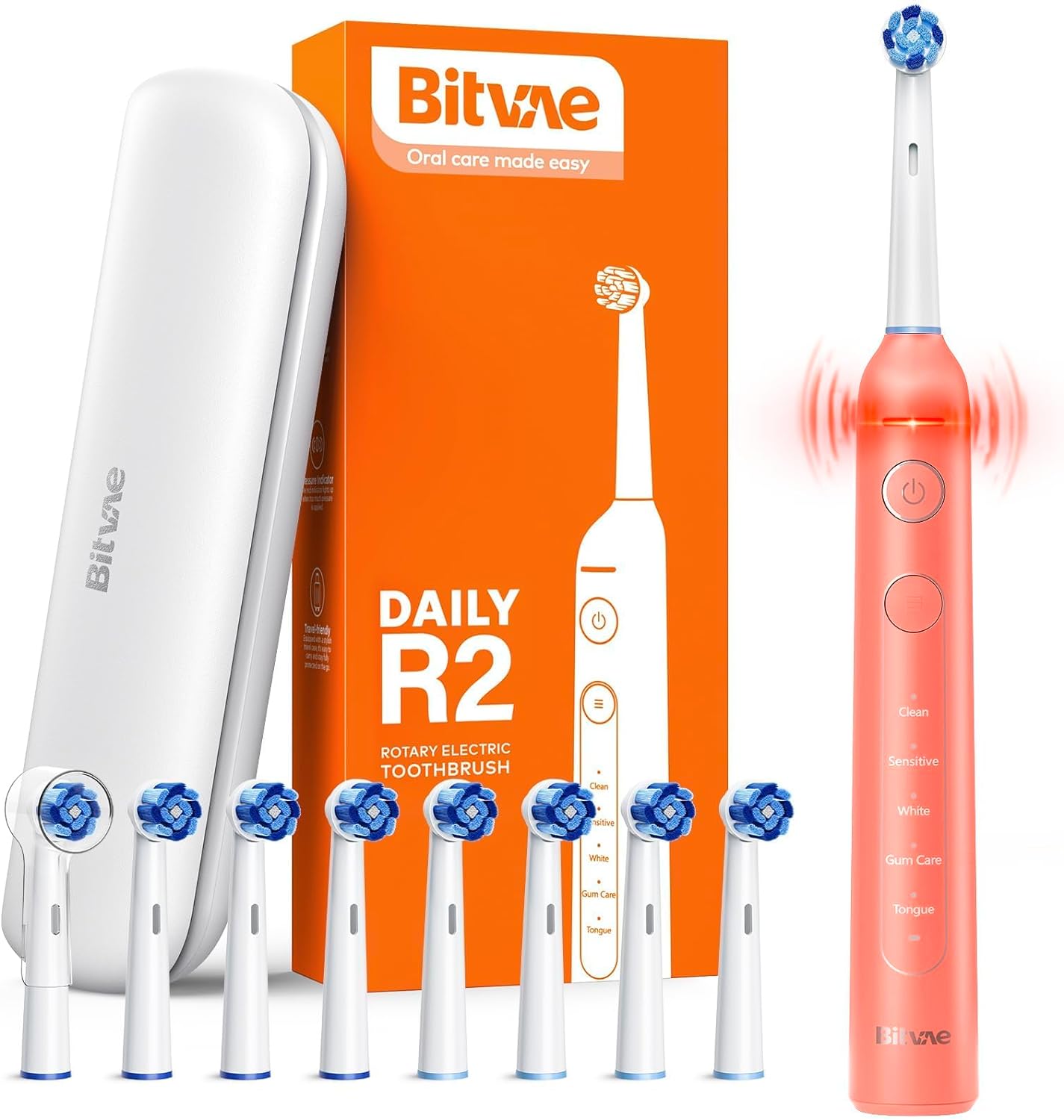 Bitvae R2 Rotating Electric Toothbrush for Adults with 8 Brush Heads, 5 Modes Rechargeable Power Toothbrush with Pressure Sensor, Coral Orange