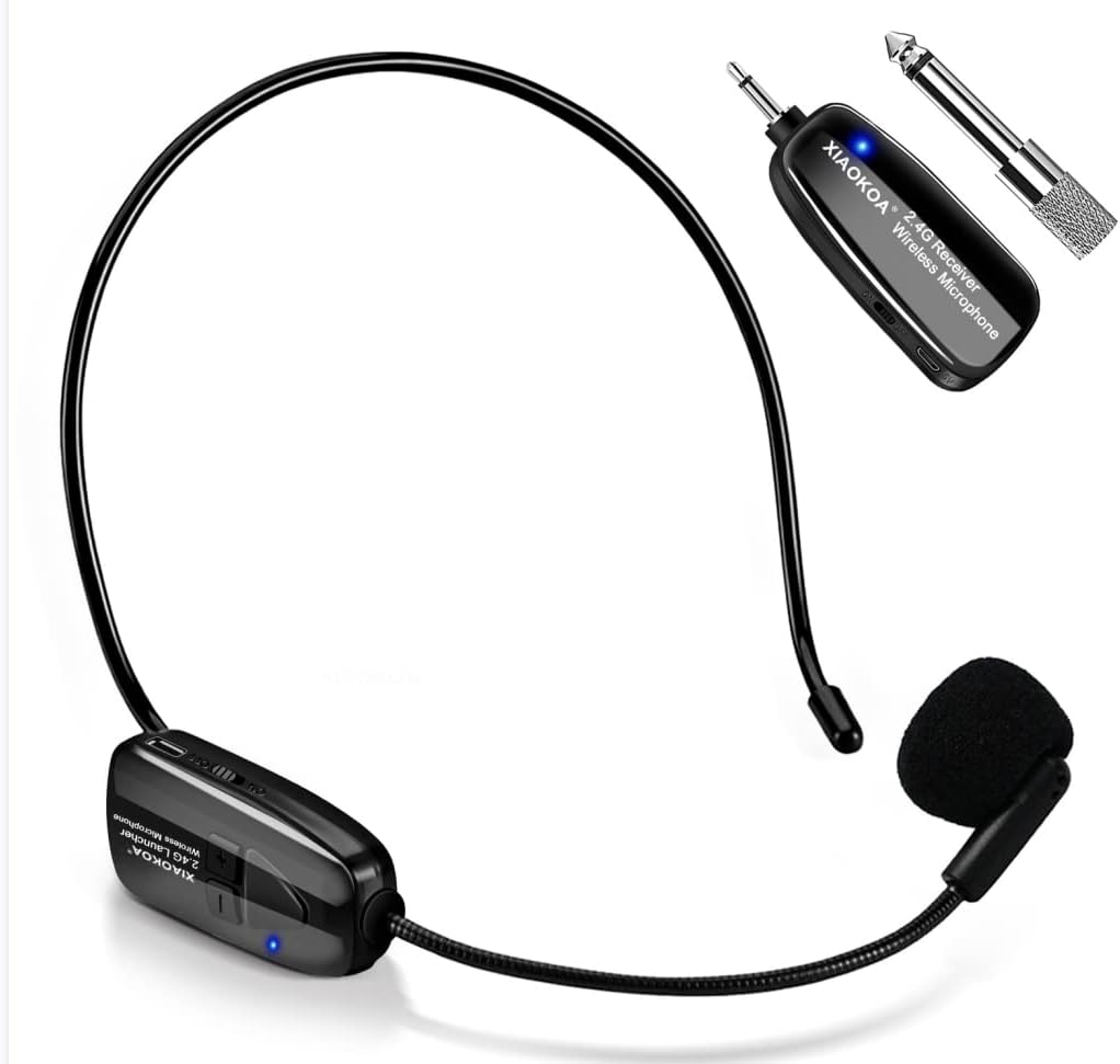 XIAOKOA 2.4G Wireless Microphone Headset, 50m Stable Transmission, Dual Micro USB Charging, Compatible with PA Systems