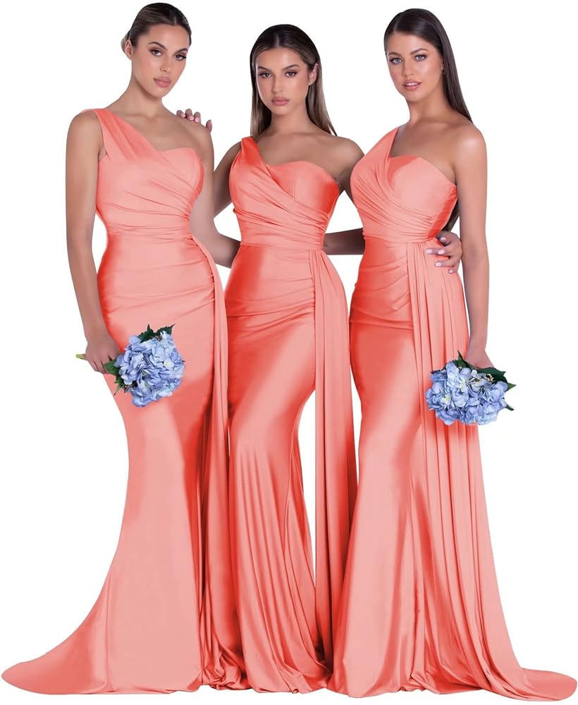 One Shoulder Mermaid Bridesmaid Dresses for Wedding Ruched Satin Prom Dress Bodycon Formal Party Dress