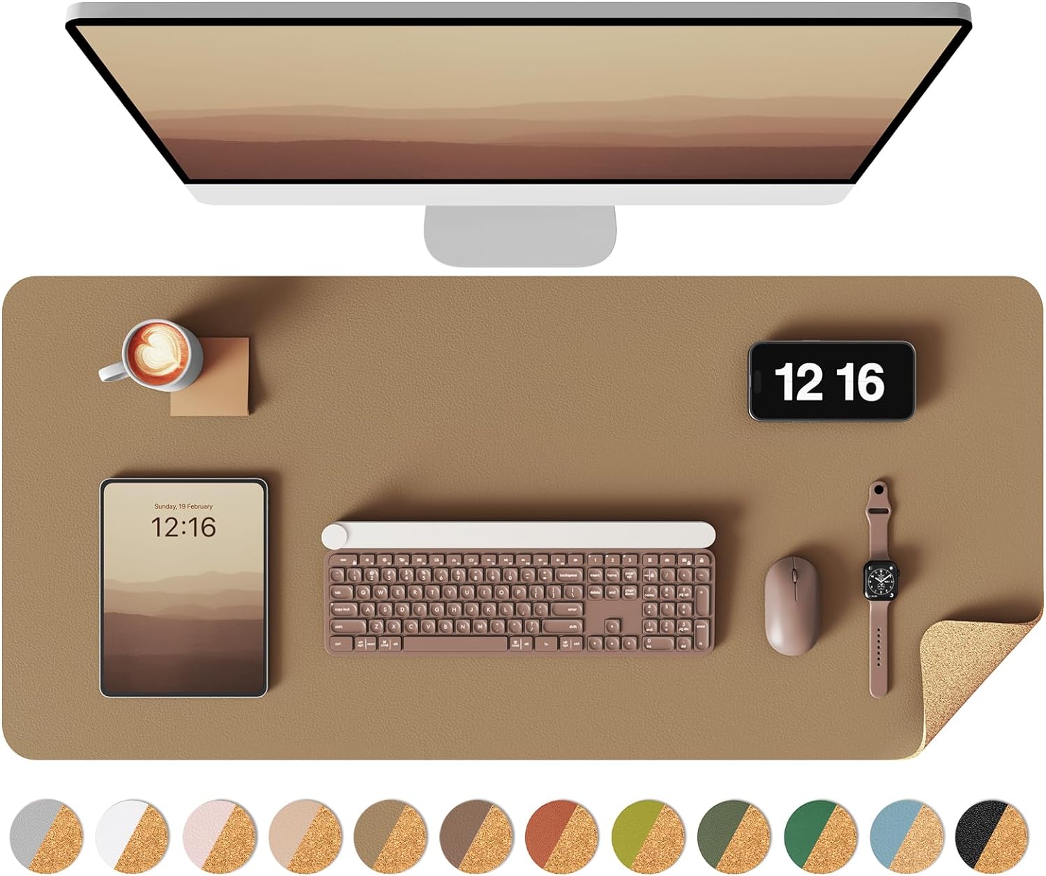 YSAGi Double-Sided Desk Pad, 35.4"x17"Leather Desk Mat, Eco Cork Desk Pad Protector,Large Mouse Pad,Waterproof Desk Blotter for Office/Home(Khaki)