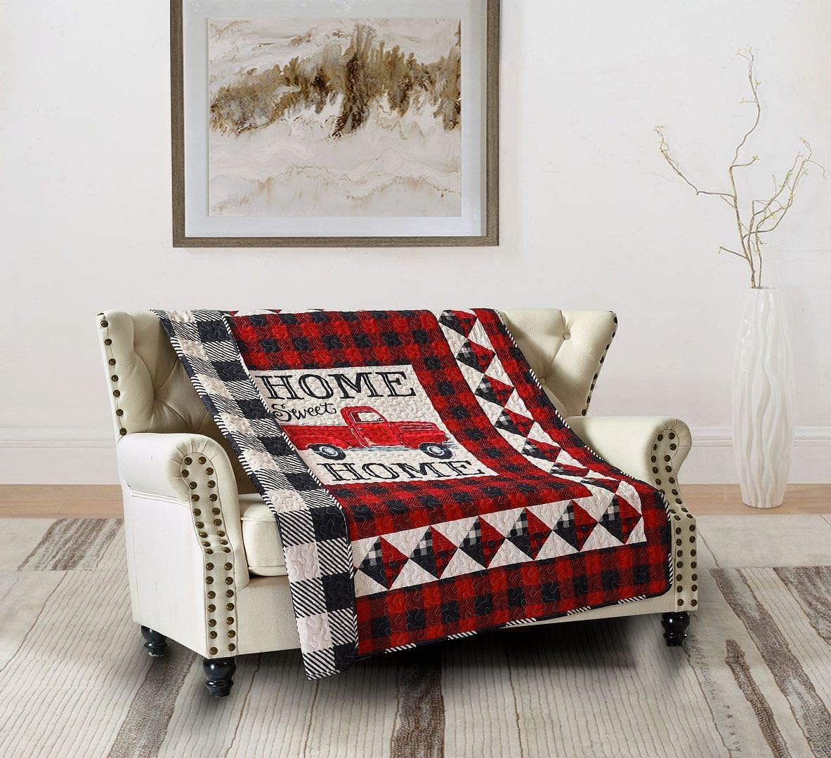 Virah Bella Quilted Throw Blanket 50" x 60" Red Truck Home Sweet Home Lightweight Throw Quilt Great for Loungers & Extra Bedding - Beautiful Lodge-Themed Blanket