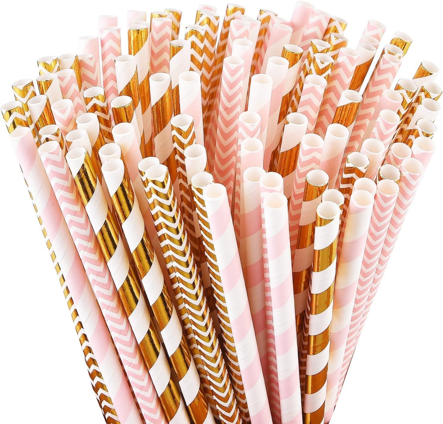 ALINK Biodegradable Paper Straws, 100 Pink Straws/Gold Straws for Party Supplies, Birthday, Wedding, Bridal/Baby Shower, Christmas Decorations and Holiday Celebrations