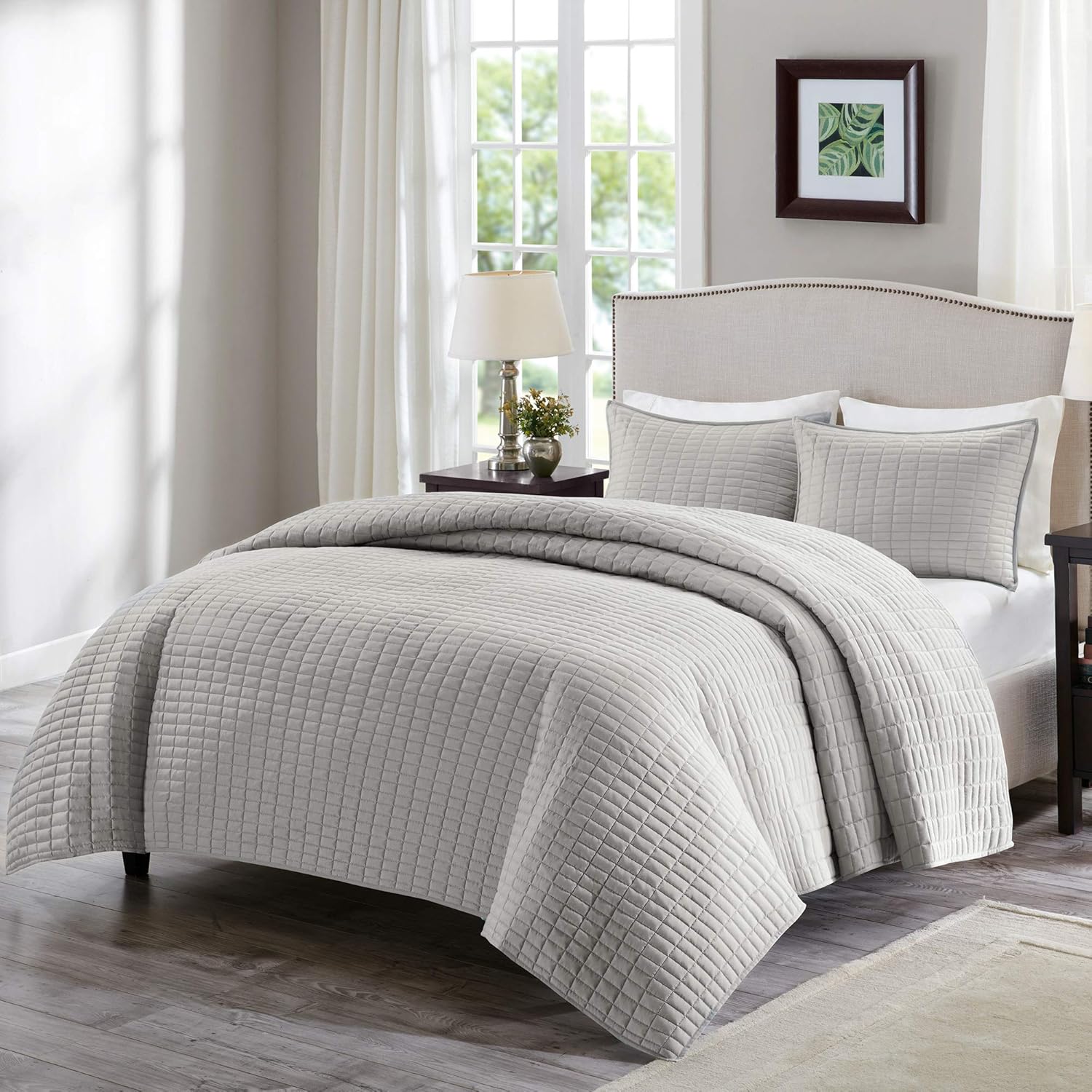 Comfort Spaces - CS14-0060 Kienna Quilt Coverlet Bedspread Ultra Soft Hypoallergenic All Season Lightweight Filling Stitched Bedding Set, King 104x90, Gray 2 Piece