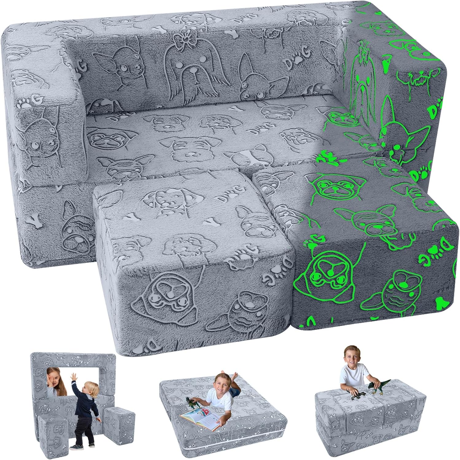 MeMoreCool Modular Kids Sofa Couch, Glow in Dark Toddler Chair Fold Out, Convertible Baby Couch Kids Furniture, Child Foam Blocks Play Couches for Playroom (Glowing Dogs)