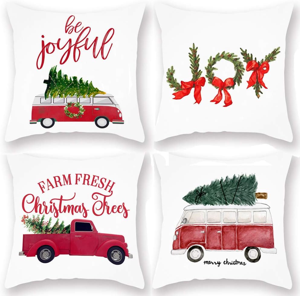 Joy Christmas Quotes Pillow Covers Winter Farmhouse Decorative Super Soft Red Truck and Farm Fresh Christmas Trees Throw Pillow Case Cushion Cover 18x18 Set of 4 Xmas Gifts