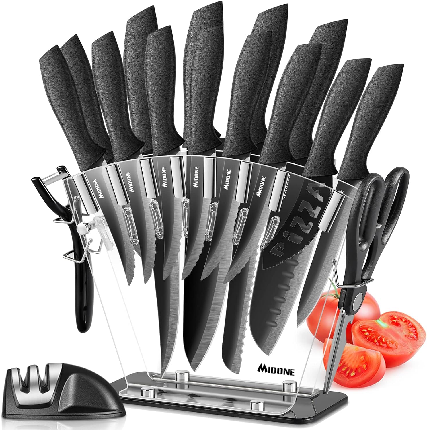 MIDONE Kitchen Knife Set with Acrylic Block, 17 PCS German Stainless Steel, includes Multiple Variety of Knives, Scissor, Sharpener, All in One Knife Set, Nonstick and No Scratch, Black