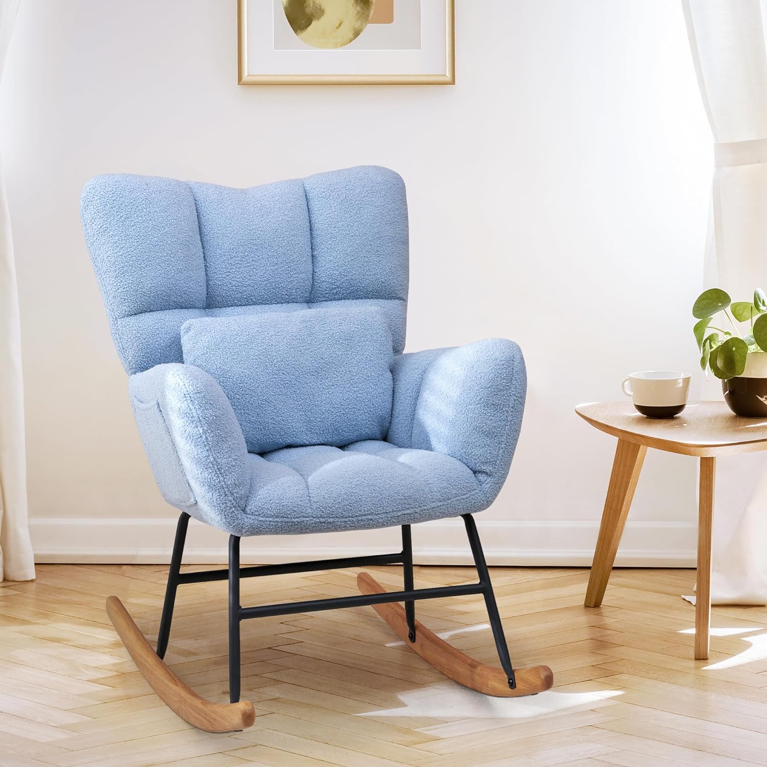 HABUTWAY Nursery Rocking Chair with Cushion, Teddy Fabric Rocker Glider Chair, Rocker Armchair with Solid Wood Legs & High Backrest, for Living Room, Bedroom, Balcony (Sweet Blue)
