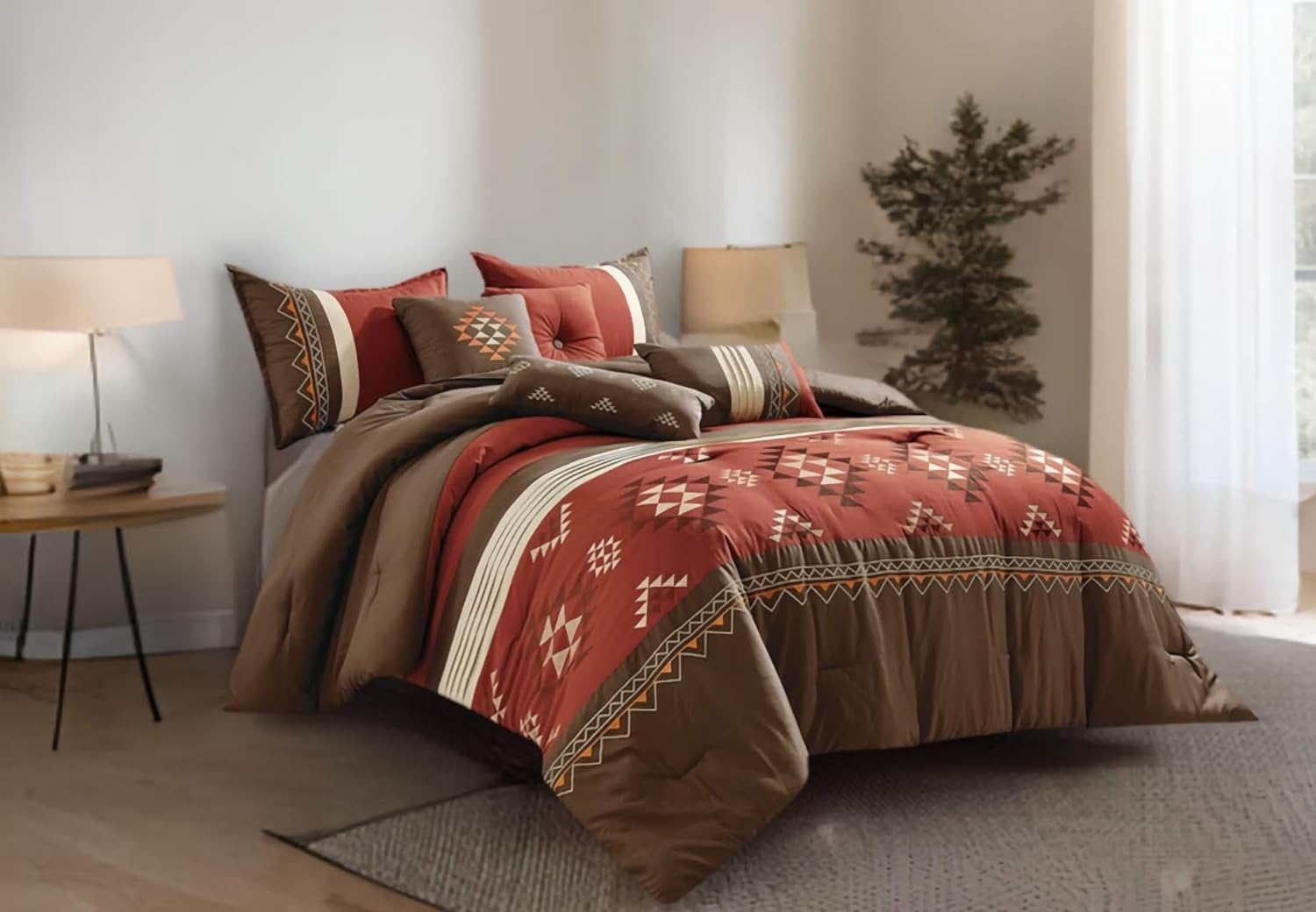 Chezmoi Collection 7-Piece King Comforter Set - Rustic Southwestern Native Aztec Brown Red Clay Coffee Cream Geometric Embroidered Lightweight Bedding Comforter and Pillow Cushions