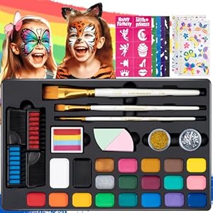 Transon Face Painting Kit for Kids Adults Water-base Non-toxic 20 Colors with Brushes Stencils Glitters Stickers Instruction