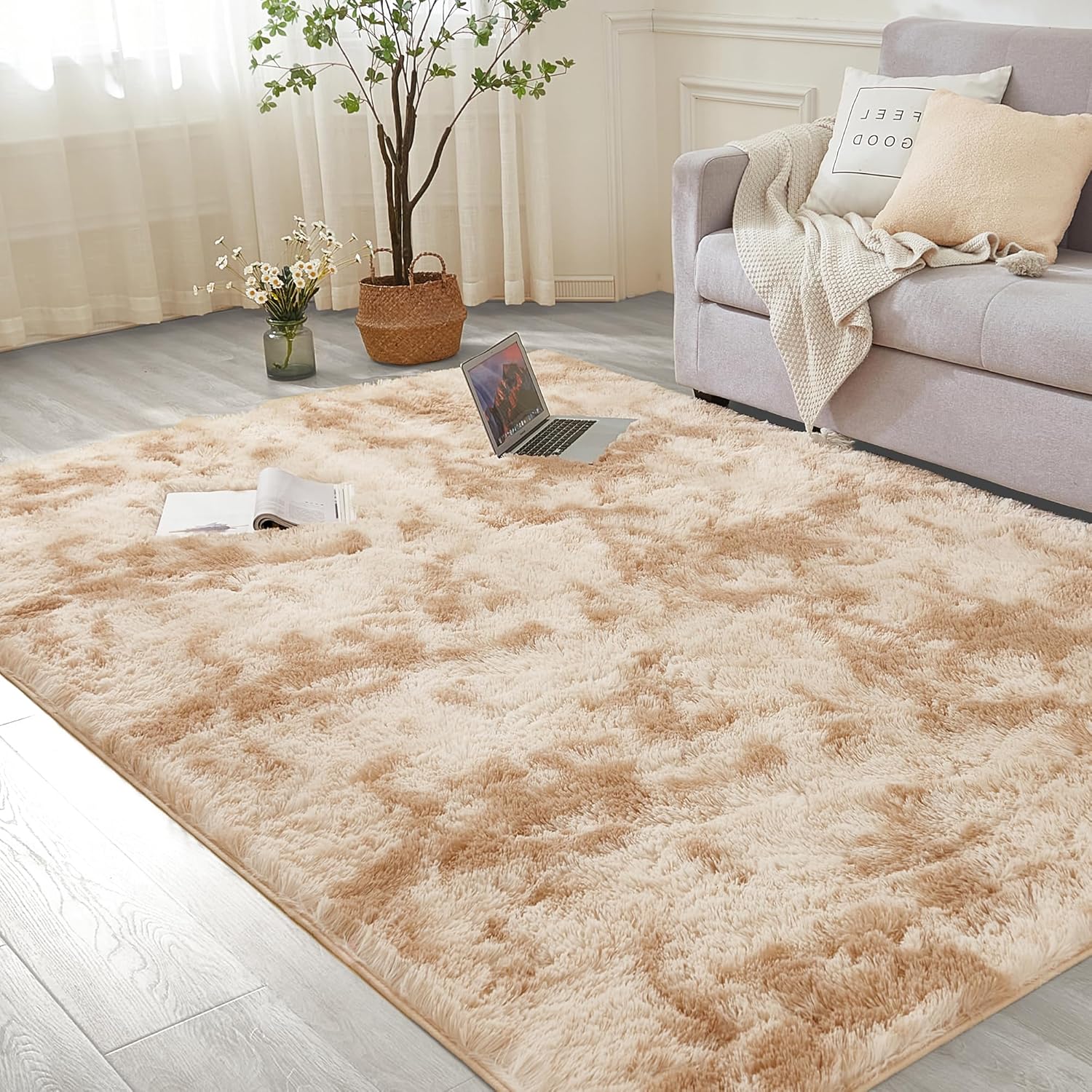 Andency 5x8 Shag Area Rug for Living Room, Tie-Dyed Beige Soft Fuzzy Plush Indoor Carpets for Bedroom, Non Skid Fluffy Faux Fur Rug for Nursery Kids Boys Girls Room