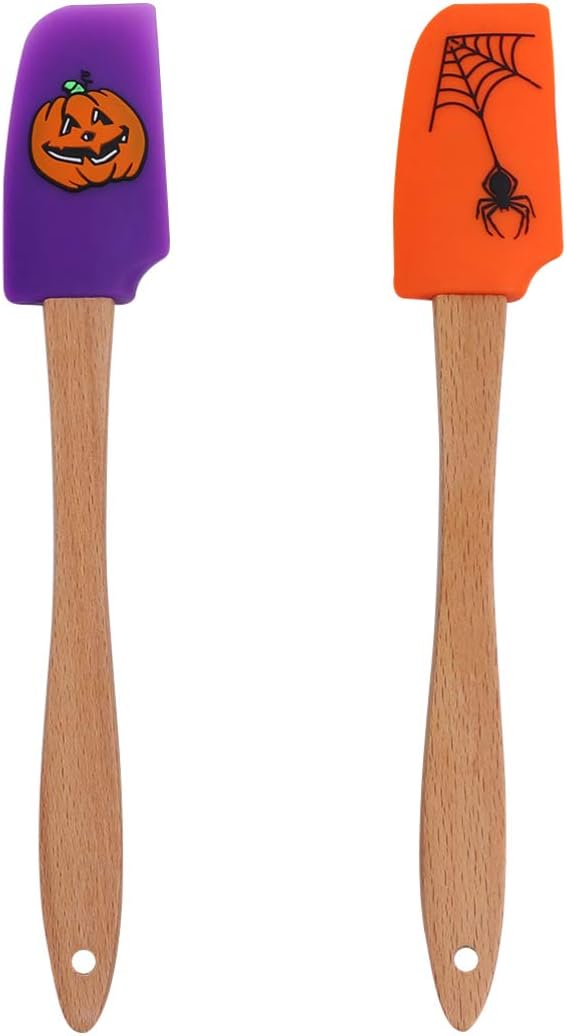 Halloween Silicone Baking Spatula Set: 2pcs Non-Stick Baking Spatulas Flexible Spatula with Wooden Handle for Cooking/Baking(Pumpkin   Spider Pattern)