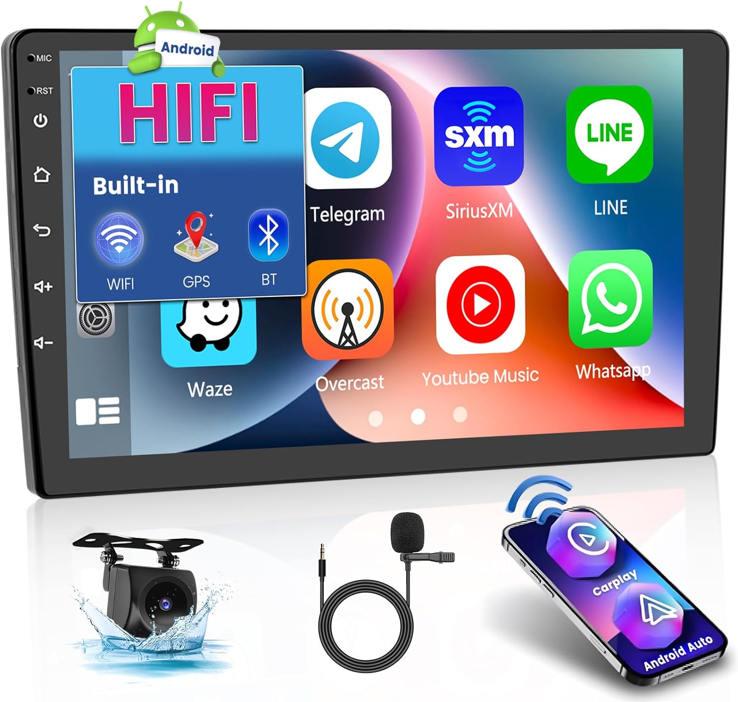 Hikity 10.1 Inch Android 13 Car Stereo with Wireless Apple Carplay Android Auto, Double Din Touch Screen Car Radio with WiFi Bluetooth HiFi/BT/GPS Navigation Mic AHD Backup Camera