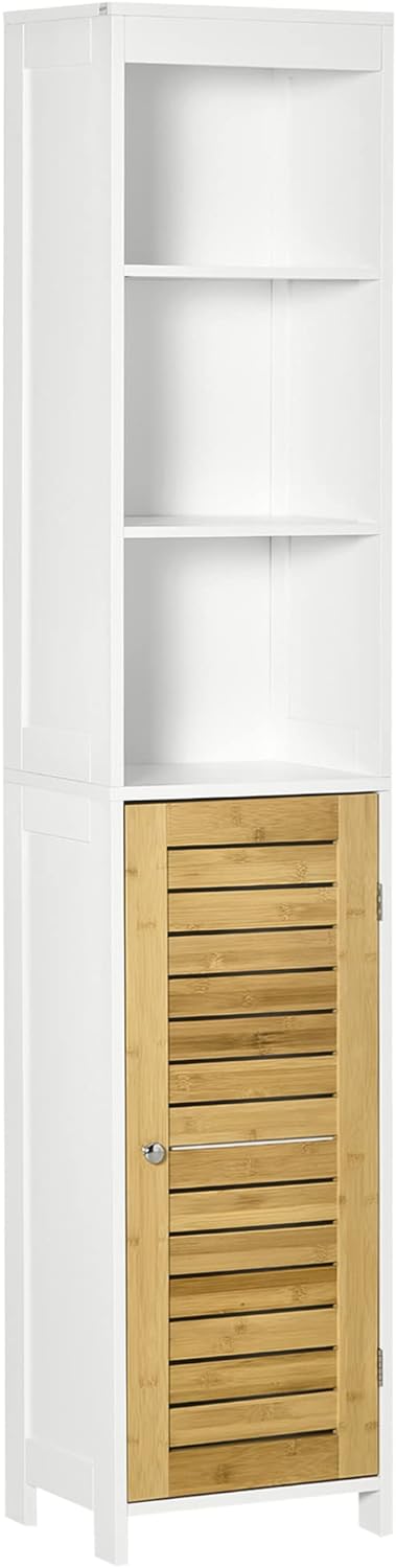 kleankin Tall Bathroom Storage Cabinet, Free Standing Bathroom Cabinet Slim Side Organizer with 3 Shelves and Bamboo Cabinet, White/Natural