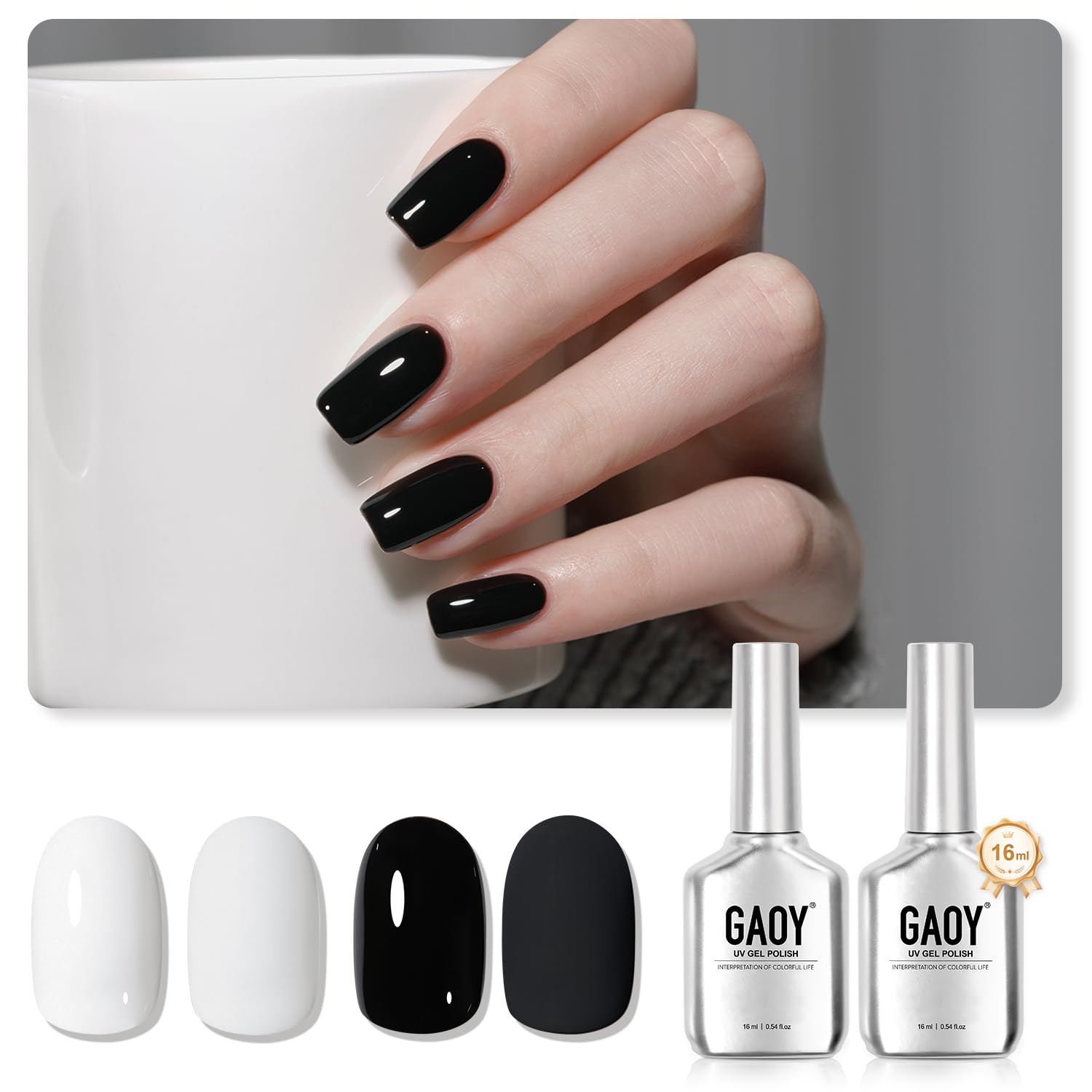 GAOY Black and White Gel Nail Polish, 16ml 2 Colors 2026 2027 Soak Off UV Gel Polish Set for Nail Art DIY Manicure at Home, Flawless Black and White