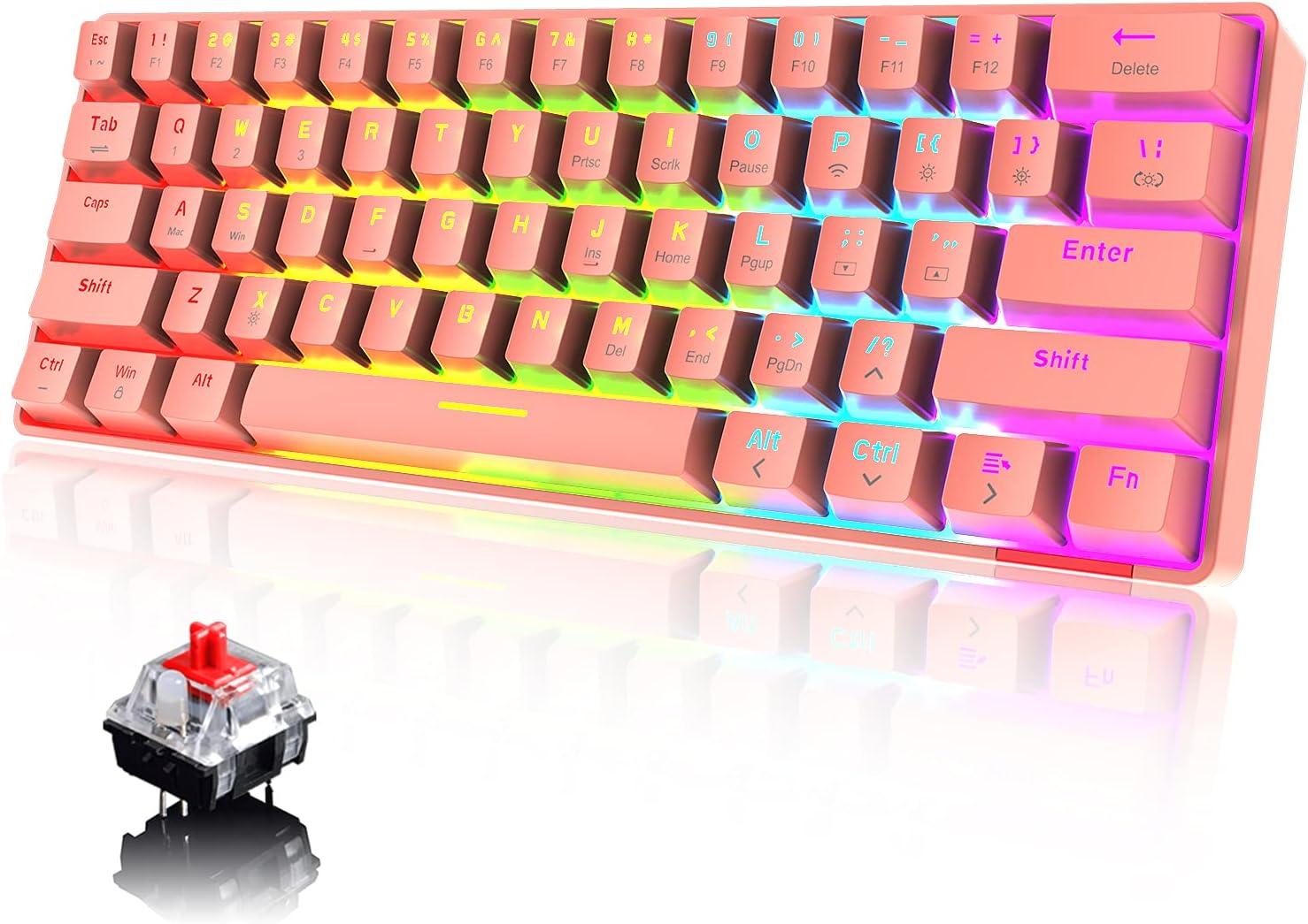 Wireless 60% Dual Mode BT5.0/USB-C Wired Mechanical Gaming Keyboard with Rainbow Backlight Compact 61Key Ergonomic Rechargeable Anti-ghosting Bluetooth for PC Typist Mac Gamer(Red/Red Switch)